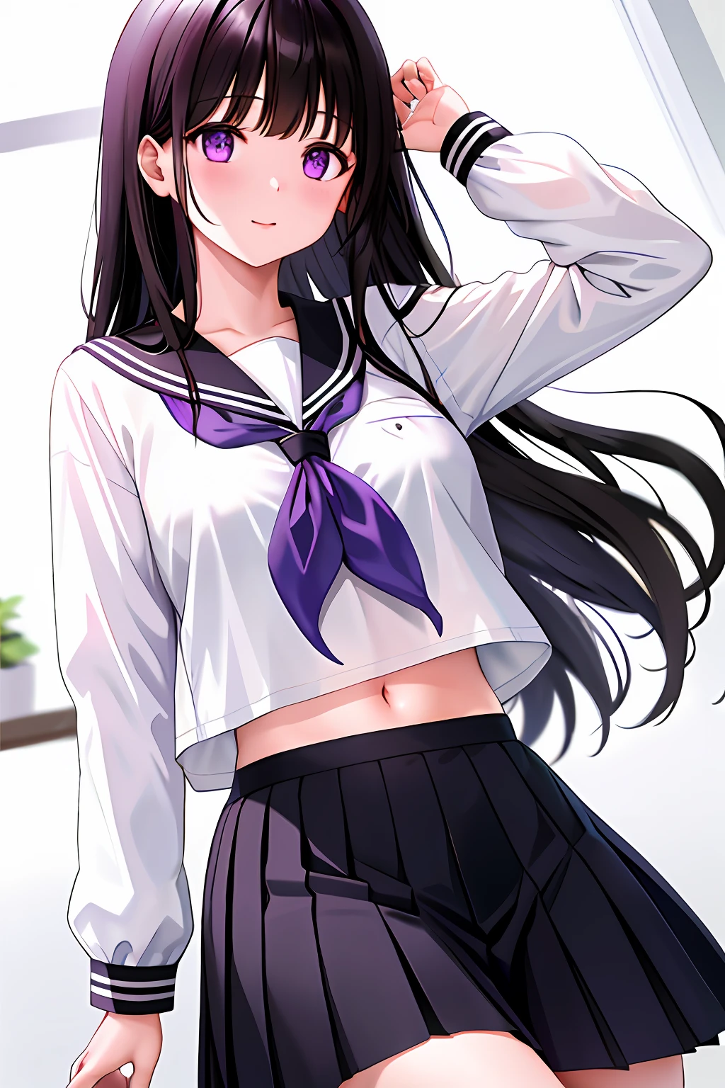 1 female、Eru Sentanda、long、A dark-haired、student clothes、Purple Eye、White shirt、White socks、pleatedskirt、bangss、Black sailor color、neckerchief、Black skirt、long-sleeve、(Shirt Raised 1.2)、Navel、bra very、1girl in, chitanda eru, Long hair, Black hair, School uniform, Purple eyes, White shirt, White socks, Pleated skirt, Bangs, black sailor collar, neckerchief, Black skirt, Long sleeves, (shirts lift:1.2), Navel, Show your bra,Takushi、hotel