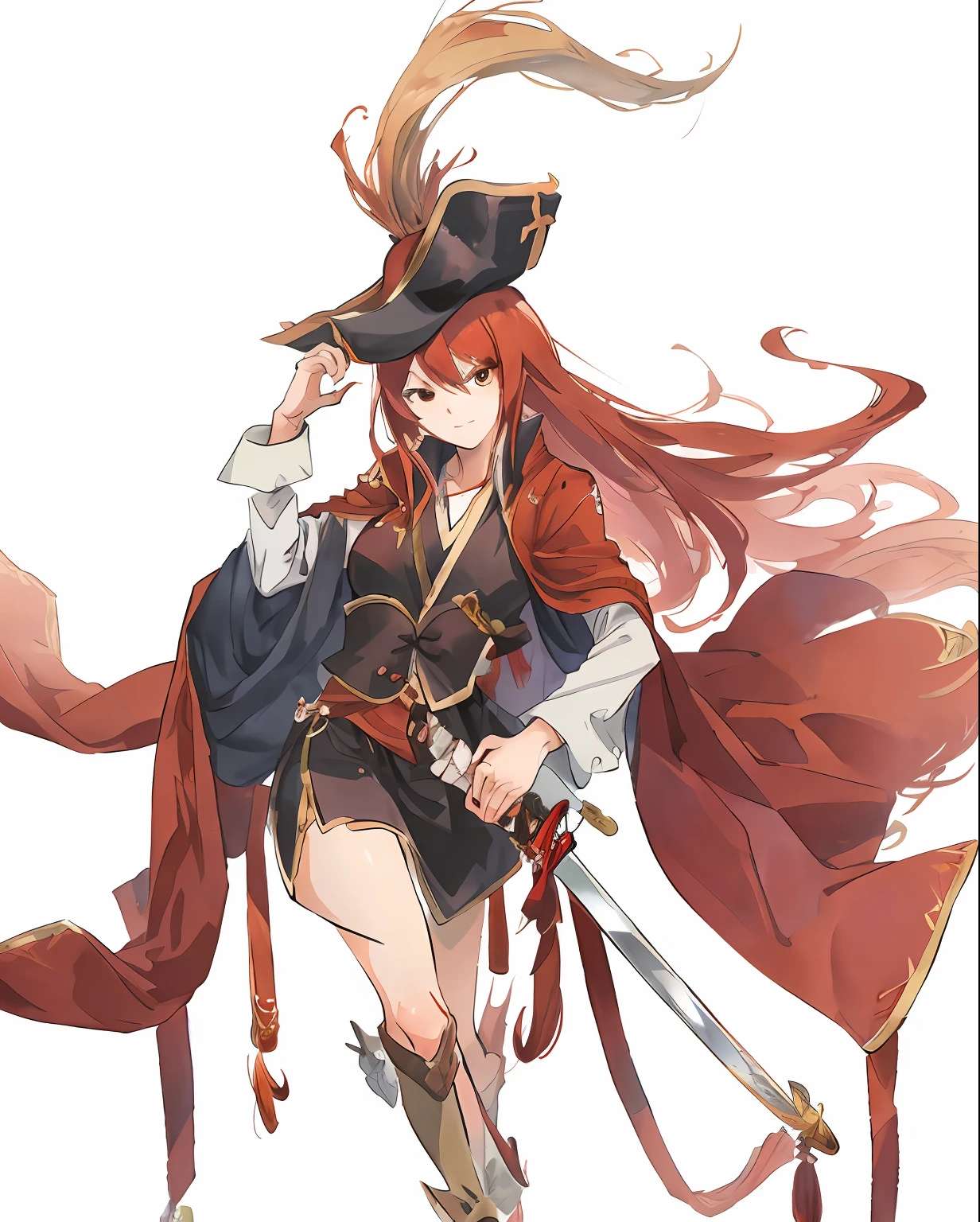 Anime girl with long red hair riding a horse with a sword, Marin Kitagawa fanart, pirate queen, rias gremory, inspired by Li Chevalier, marisa kirisame, nobutaka ike, offcial art, zerochan art, erza scarlet as a real person, she has long redorange hair, pudica pose, official character art, lina