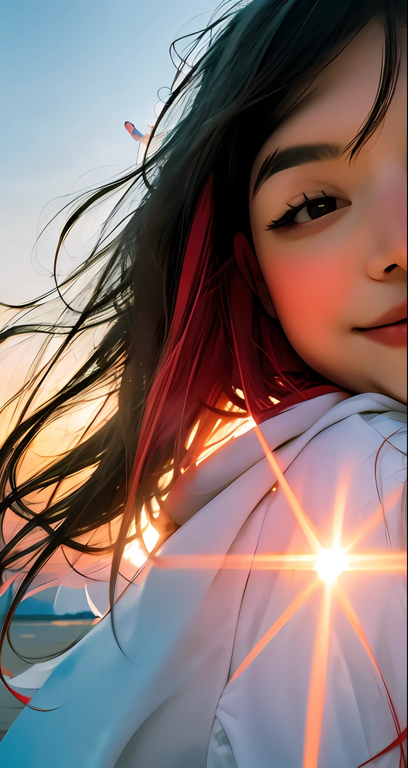 masterpiece, best quality, movie still, 1girl, cloud girl, floating in the sky, close-up, bright, happy, warm soft lighting, sunset, (sparks:0.7)