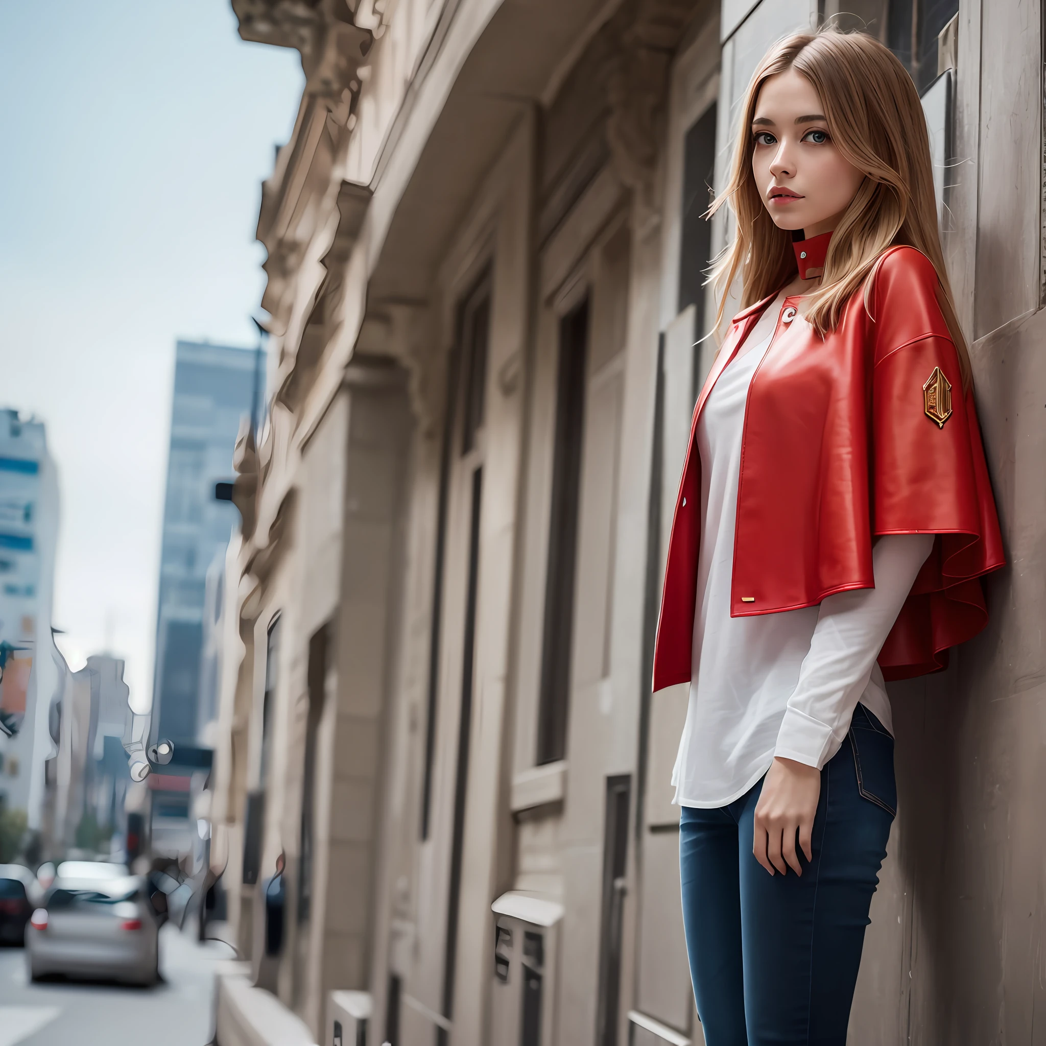 one-girl，red capelet，eBlue eyes，golden hair，The city of the future， --auto