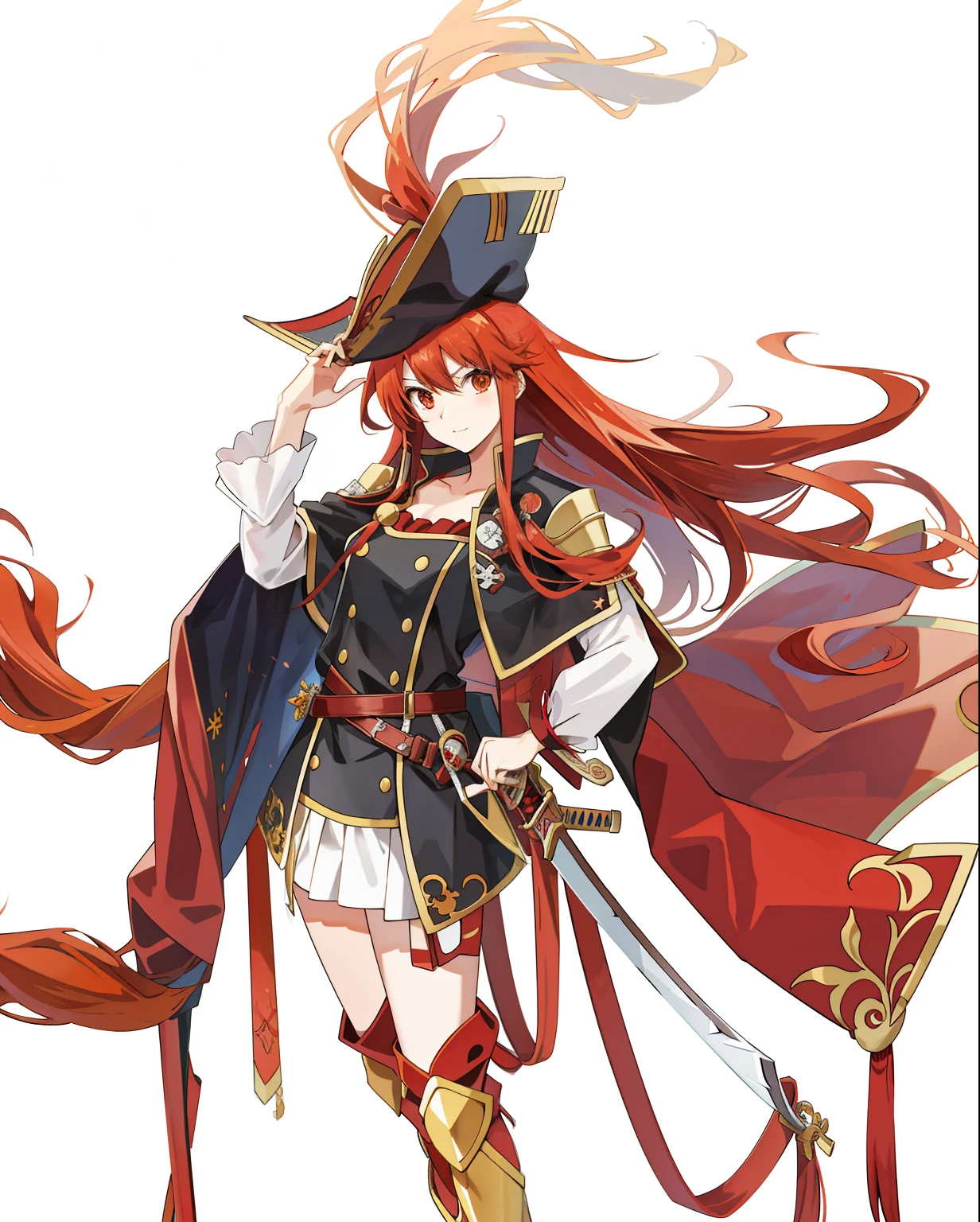 Anime girl with long red hair riding a horse with a sword, Marin Kitagawa fanart, pirate queen, inspired by Li Chevalier, rias gremory, marisa kirisame, nobutaka ike, offcial art, zerochan art, erza scarlet as a real person, she has long redorange hair, pudica pose, official character art, lina