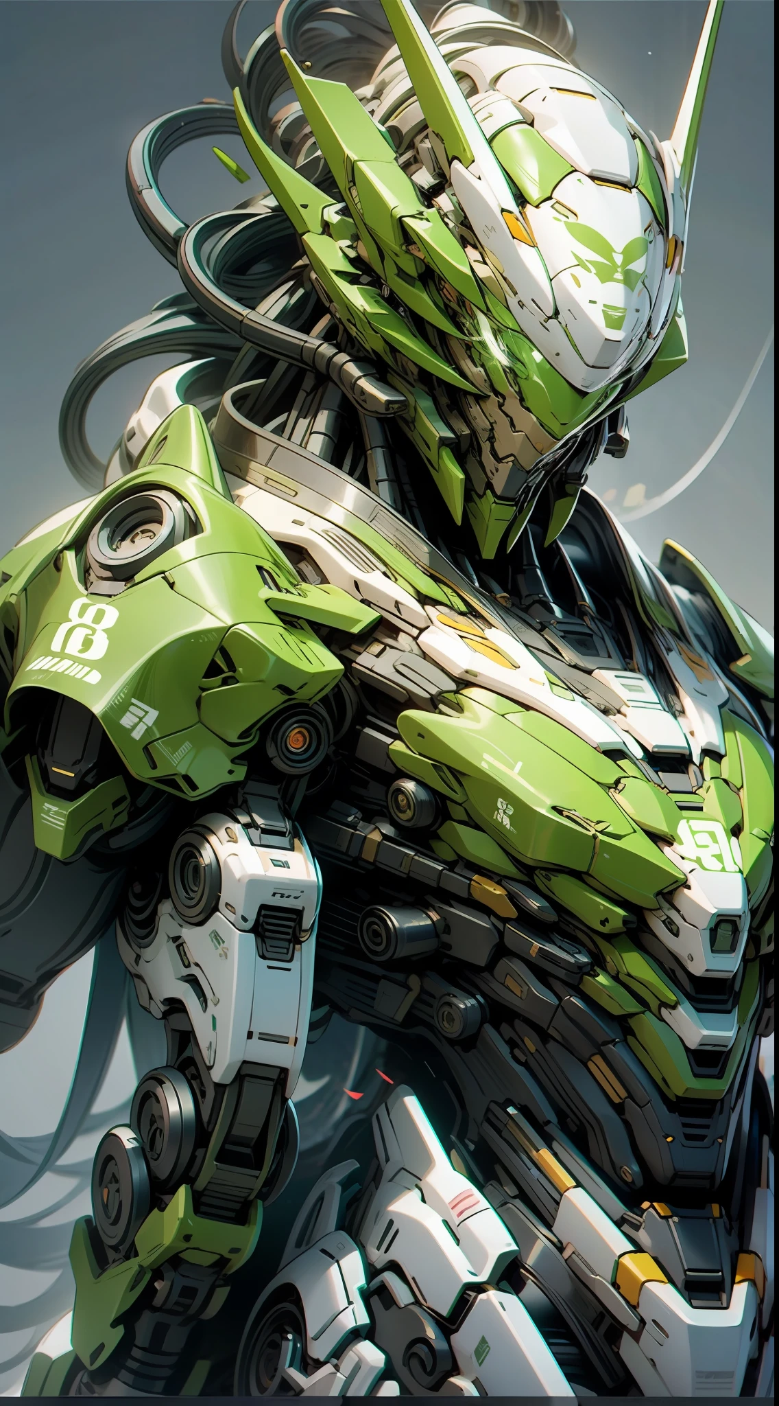 [[CLOSE UP, SHOULDER, SPECIAL EFFECTS:1.5, CHARACTER CONCEPT ART, GREEN THEME]], A CLOSE UP OF DRAGONPUNK MECHA, Matt materialistic look, Illustration,3d Anime, trending on Artstation, Symmetry, Special effects, Abstract, Clean linework, Highly detailed, HDR, UHD, cinematic, 8K, Surreal, Unreal Engine, art by samdoesart, trending in Artstation, in style of Wlop, Sharp focus