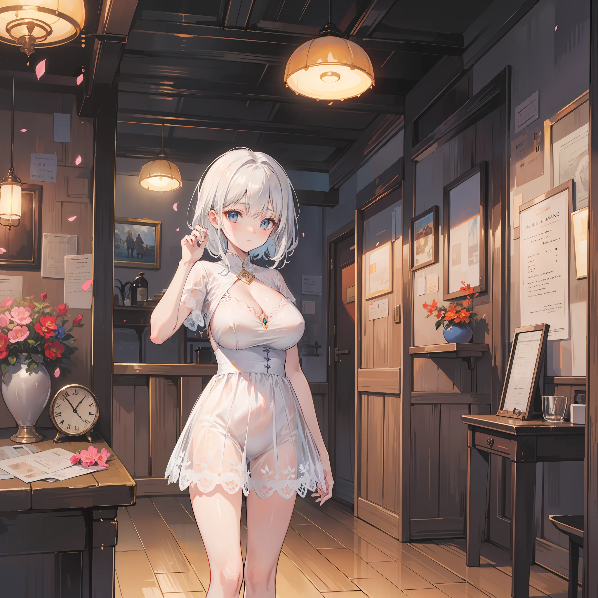 scenecy,White Garden , Fantastic flower garden , the trees , (Warm light source: 1. 2), White Garden (Warm light source: 1. 2), Orange and Blue Fine Detail, (tmasterpiece: 1. 2), (top-quality), 4k, ultra fine detailed, (Dynamic synthesis: 1. 2), (top-quality), lamp lights, Orange and blue lots of lighting main fine details BREAK ((tmasterpiece: 1.2), (top-quality), 4k, ultra fine detailed, (dynamic compositions: 1.4), Very Fine Detail, Colorful Detailed, (Irridescent color: 1. 2), (luminouslighting, ambientlighting), dream magical ( ambientlighting), dream magical, wondrous, (Solo exhibition: 1.2), glitters, glitters, Petals dance, Light dance, White hair, beautiful hairl, long whitr hair, Hair Dancing, Front view,standing on your feet,short skirt, underdressing, Lace short sleeves,huge tit,cleavage,tit,Pink girl,Shy maiden