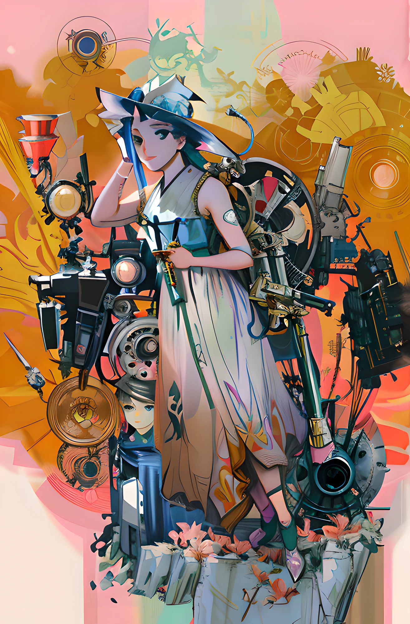 Anime - Style painting of a woman in a hat and a gun, Alphonse mucha and rossdraws, by amano, mechanized witch girl, beeple and alphonse mucha, style of yoshitaka amano, inspired by Dustin Nguyen, mechanical angel, Anime style mixed with Fujifilm, posuka demizu, Guviz-style artwork