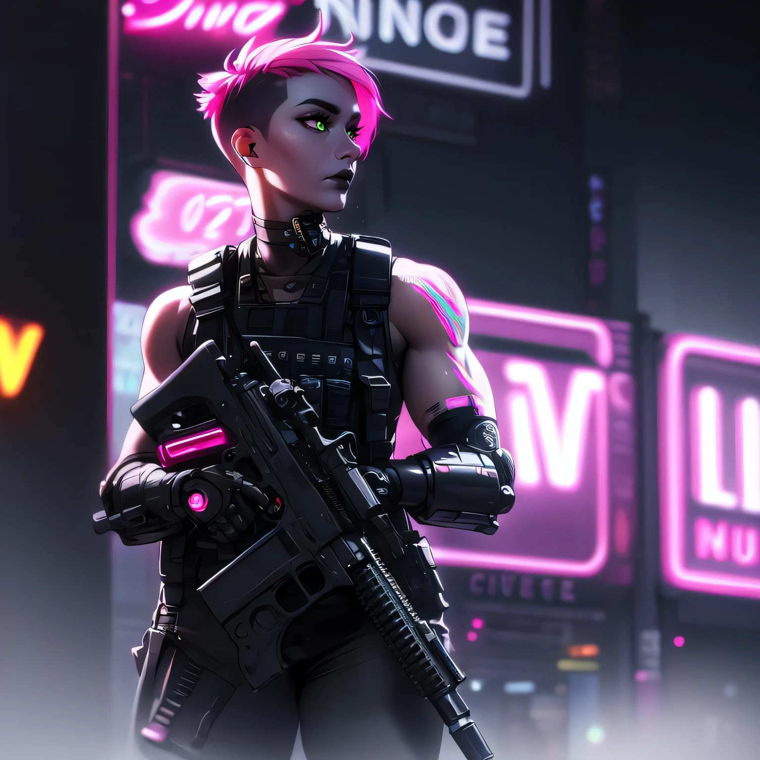 (best quality, masterpiece:1.3), thick outlines, face highlight, detailed face, detailed skin, 1girl, tactical gear, tactical, bulletproof vest, assault rifle, undercut, gun, holding weapon, action shot, toned, muscular female,  pink hair, piercing, nose piercing, cyberpunk, punk, black lipstick, city, (neon light:1.7), sleeveless, mechanical arm, prosthetic arm, single mechanical arm, cyborg, night, panel lines on face