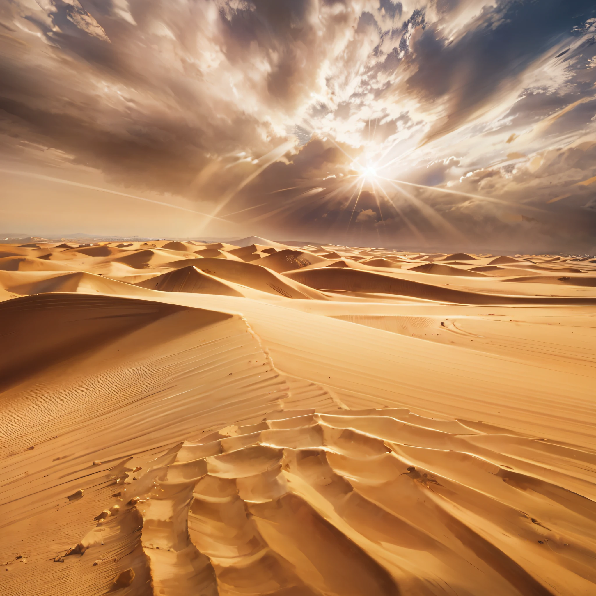 A desert，The sky has the sun，sprawling，Big wind，Sand