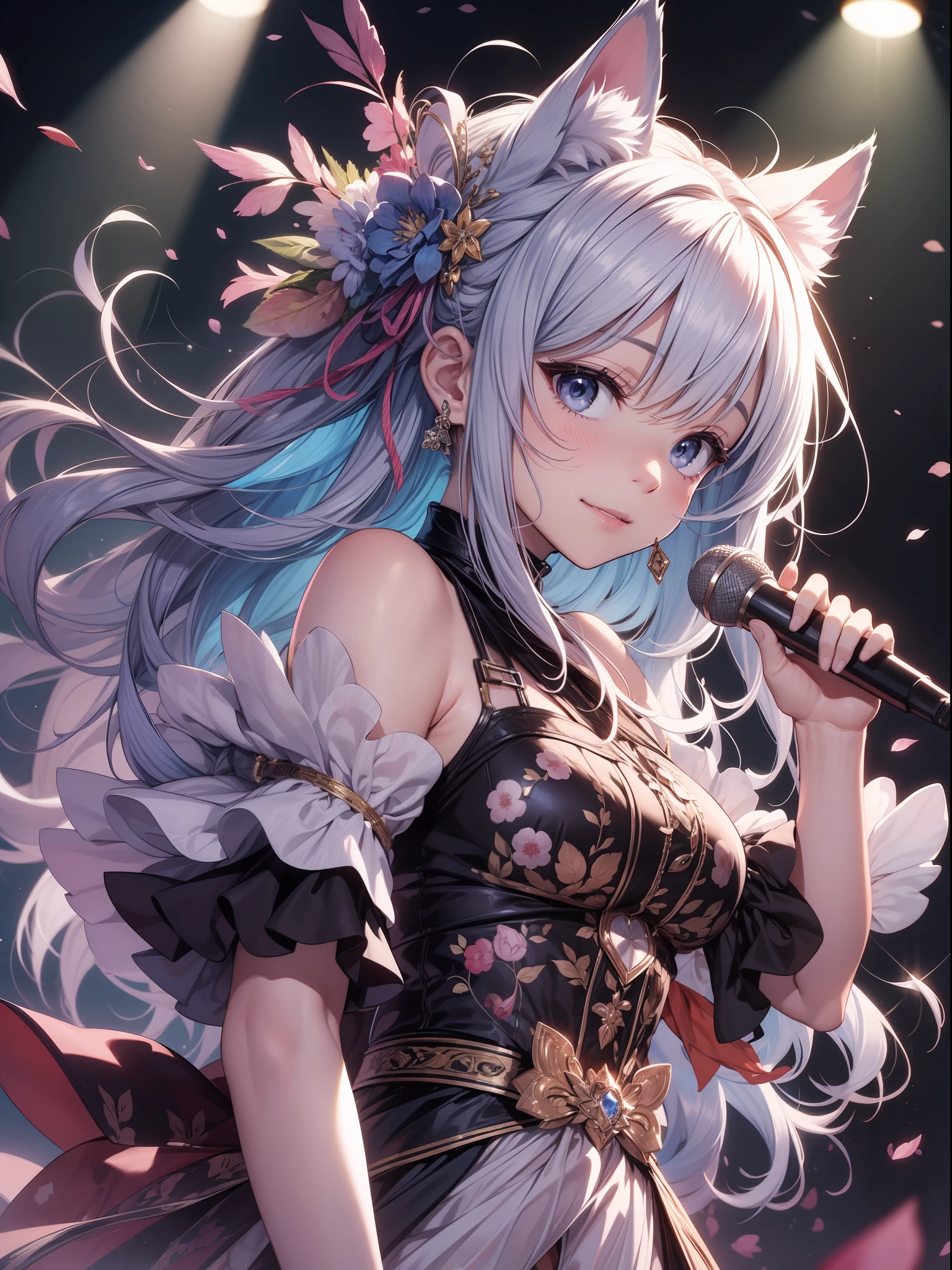 absurderes、ultra-detailliert、​masterpiece、top-quality、BREAK、Official art、（Beautifully Aesthetic：１.２）、（watercolor paiting：Curly）、BREAK、Devilish Pretty Girl 1.2、a beauty girl、Beautiful nasal muscles、BREAK（kawaii：⒈３）、、BREAK、colourful hair、Splash、（Mixed blue and pink hair：１.２）、(フラクタルアート1.３)、BREAK、Cat's ears、A sexy、（Cat gloves、Fluffy hands）、BREAK、Like a cat's paw、Short socks、human - shaped、BREAK、AI Concert、BREAK、random eyes、BREAK、From Side、Look at viewers、BREAK、((Above the live stage))、Coming Idol Costume、Singing while holding the microphone with your left hand、Neon Detail Spotlight、BREAK、BREAK、Shyness、tension、red blush、happy facial expression、The best smile、BREAK、Versatile poses、BREAK、Standing、BREAK、