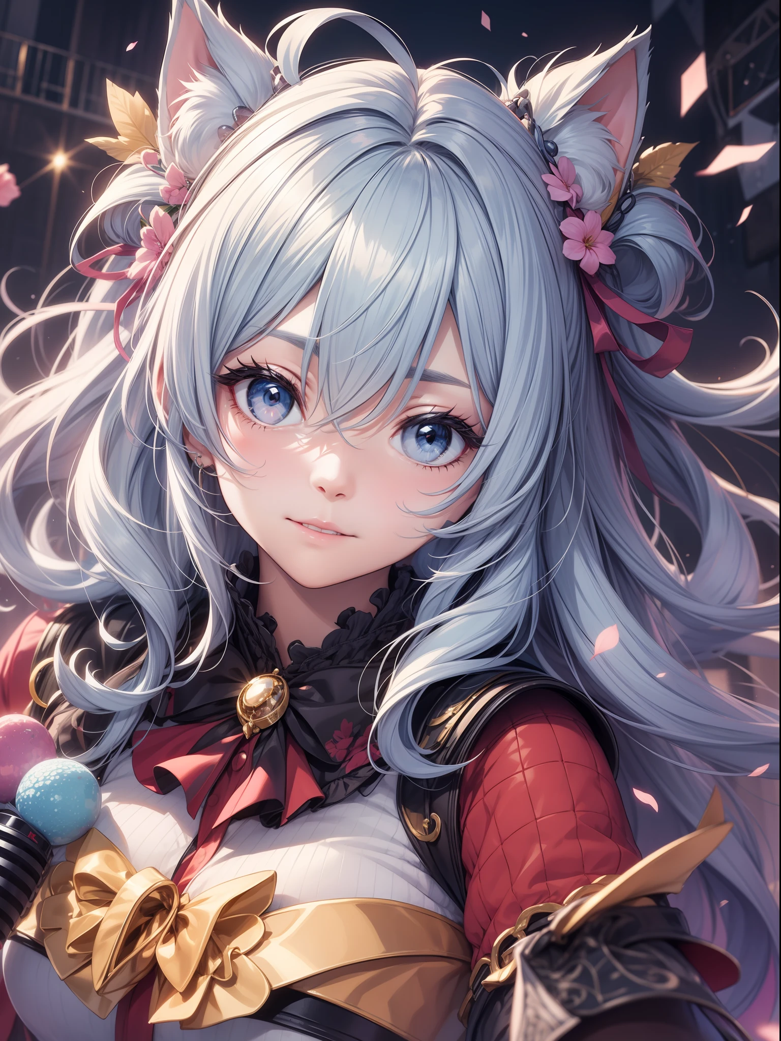 absurderes、ultra-detailliert、masterpiece、top-quality、BREAK、Official art、(Beautifully Aesthetic:1.2)、(watercolor paiting:Curly)、BREAK、Devilish Pretty Girl 1.2、a beauty girl、Beautiful nasal muscles、BREAK(kawaii:⒈3)、、BREAK、colourful hair、Splash、(Mixed blue and pink hair:1.2)、(フラクタルアート1.3)、BREAK、Cat's ears、A sexy、(Cat gloves、Fluffy hands)、BREAK、Like a cat's paw、Short socks、human - shaped、BREAK、AI Concert、BREAK、random eyes、BREAK、From Side、Look at viewers、BREAK、((Above the live stage))、Coming Idol Costume、Singing while holding the microphone with your left hand、Neon Detail Spotlight、BREAK、BREAK、Shyness、tension、red blush、happy facial expression、The best smile、BREAK、Versatile poses、BREAK、Standing、BREAK、