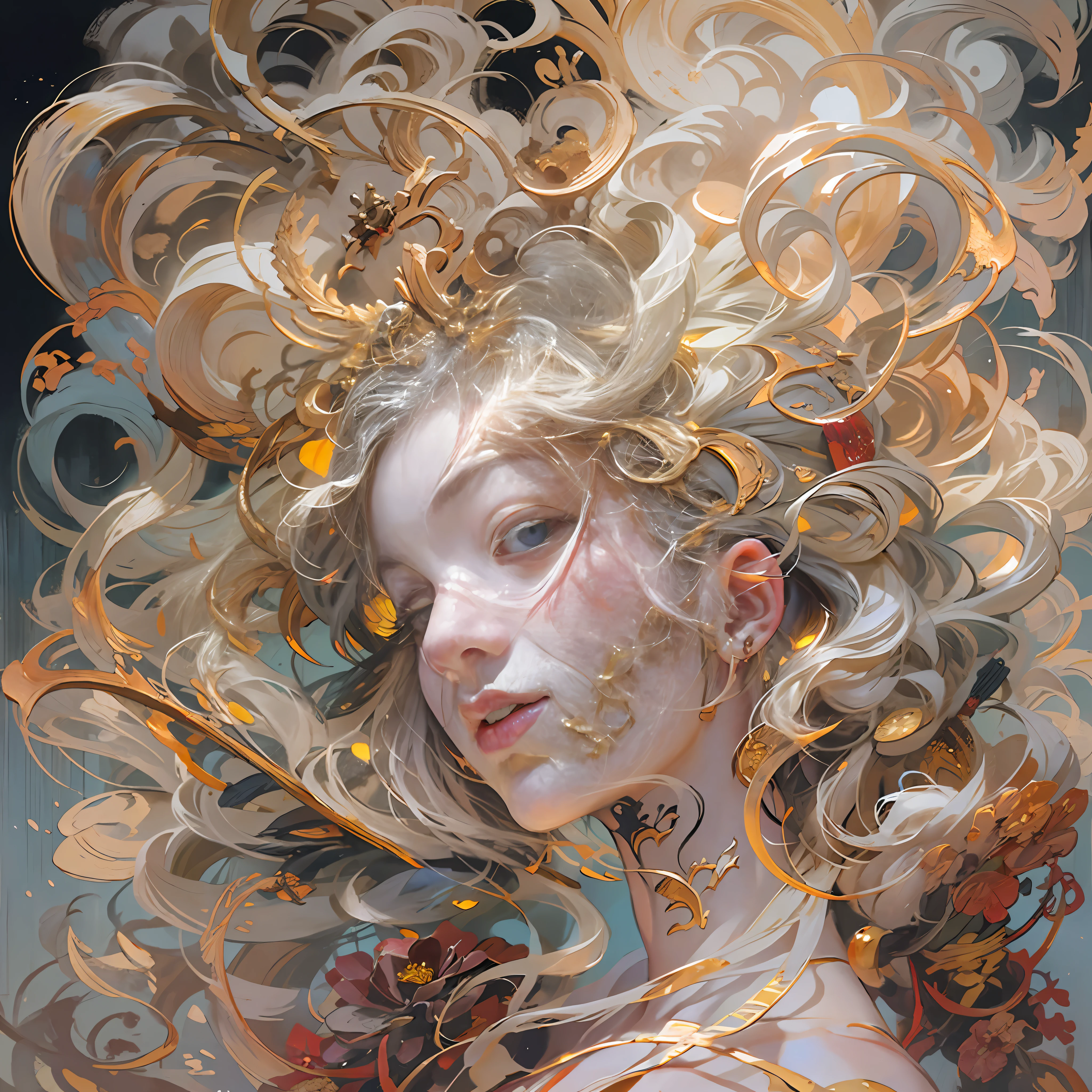 offcial art，Unified 8K wallpapers，ultra - detailed，Beauty and aesthetics，tmasterpiece，best qualtiy，（zentangle，datura，Tangles，entangled），（s fractal art：1.3），1girll，The is very detailed，dynamic angle，cow boy shot，The most beautiful form of chaos，elegant，Fauvist design，vivd colour，romanticism lain，James Jean，Robbie Devi Antono，ross tran，Francis Bacon，Michal Mraz，adrian ghenie，petra cortright，Gerhard Richter，Takato Yamamoto，Ashley Wood，Atmospheric，A note of ecstasy，streaming musical notes visible，no clothes are worn，Bouguereau，John William Goldward