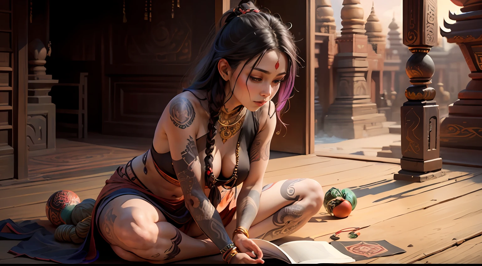 Young tantric priestess woman with tattoos on her loinclothed body in a photorealistic temple --auto