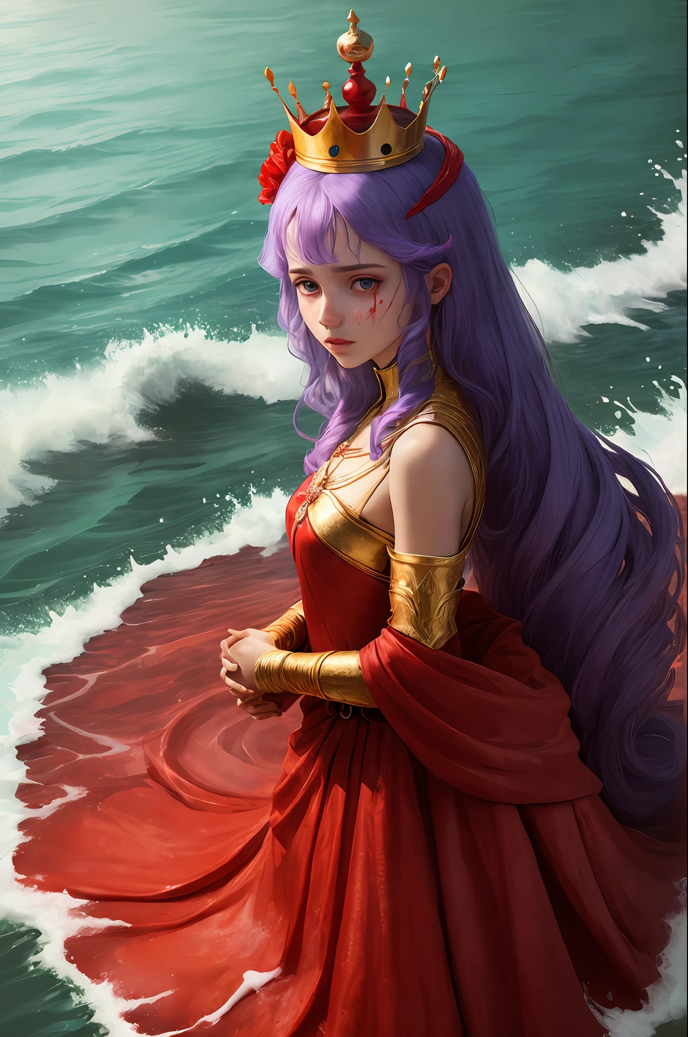 The vast blood-red sea swallowed a beautiful girl, with a crown on her head and wrapped in her hands