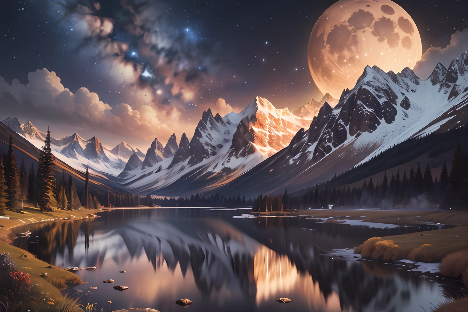 Very starry night. A giant moon behind the mountains. A tranquil lake reflecting the night. Realistic scene, detailed, photorealism, 8k