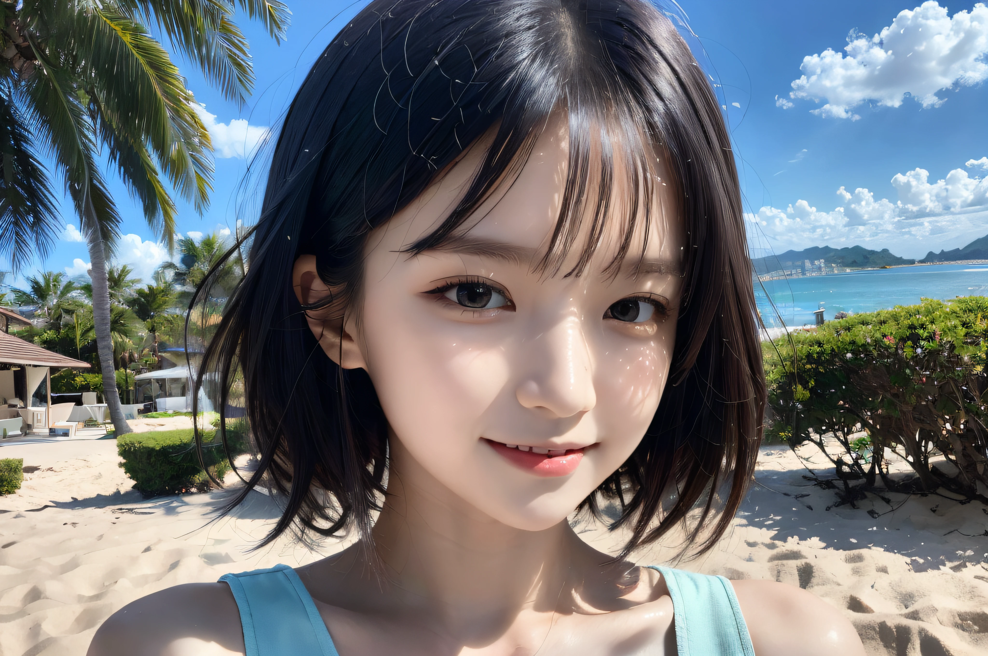 8K，tmasterpiece，10 year old girl，sandbeach，Green mountains，tile-roofed house， Black color hair，short detailed hair， Very detailed face and skin texture， A detailed eye， 二重まぶた， Pale cheeks， Glossy glossy skin， Glossy lips，Sweet smiling， looking at viewert，fully body photo，Ultimate detail