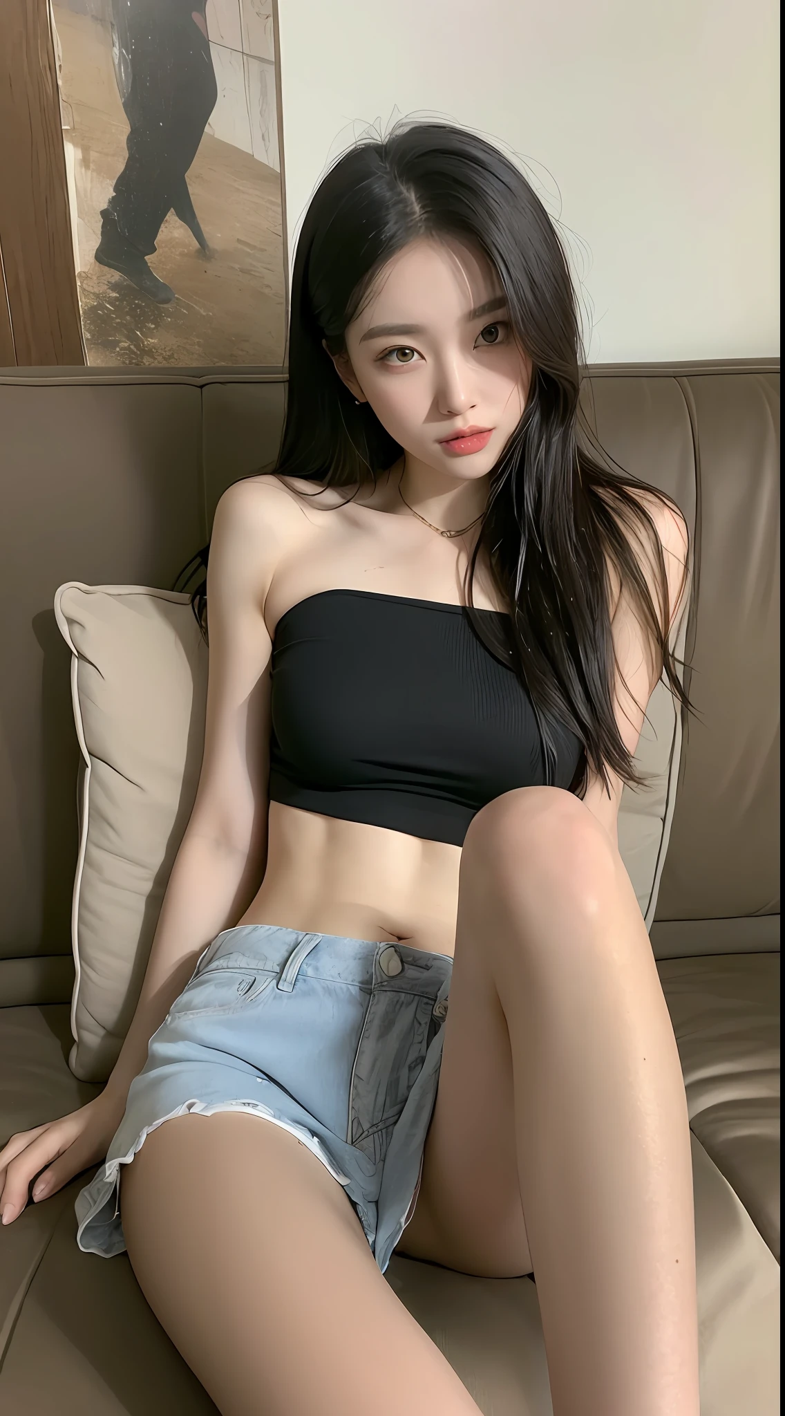 ((Best picture quality, 8K, tmasterpiece:1.3)), 1girll, Beautiful woman with slender abs:1.3, Casual hairstyle, an off-the-shoulder top，pleatedskirt,（wet see through clothes：1.4），Ultra-fine face, A detailed eye, 二重まぶた，（long leges：1.4），（athletic sneakers：1.3），Sofa sitting position