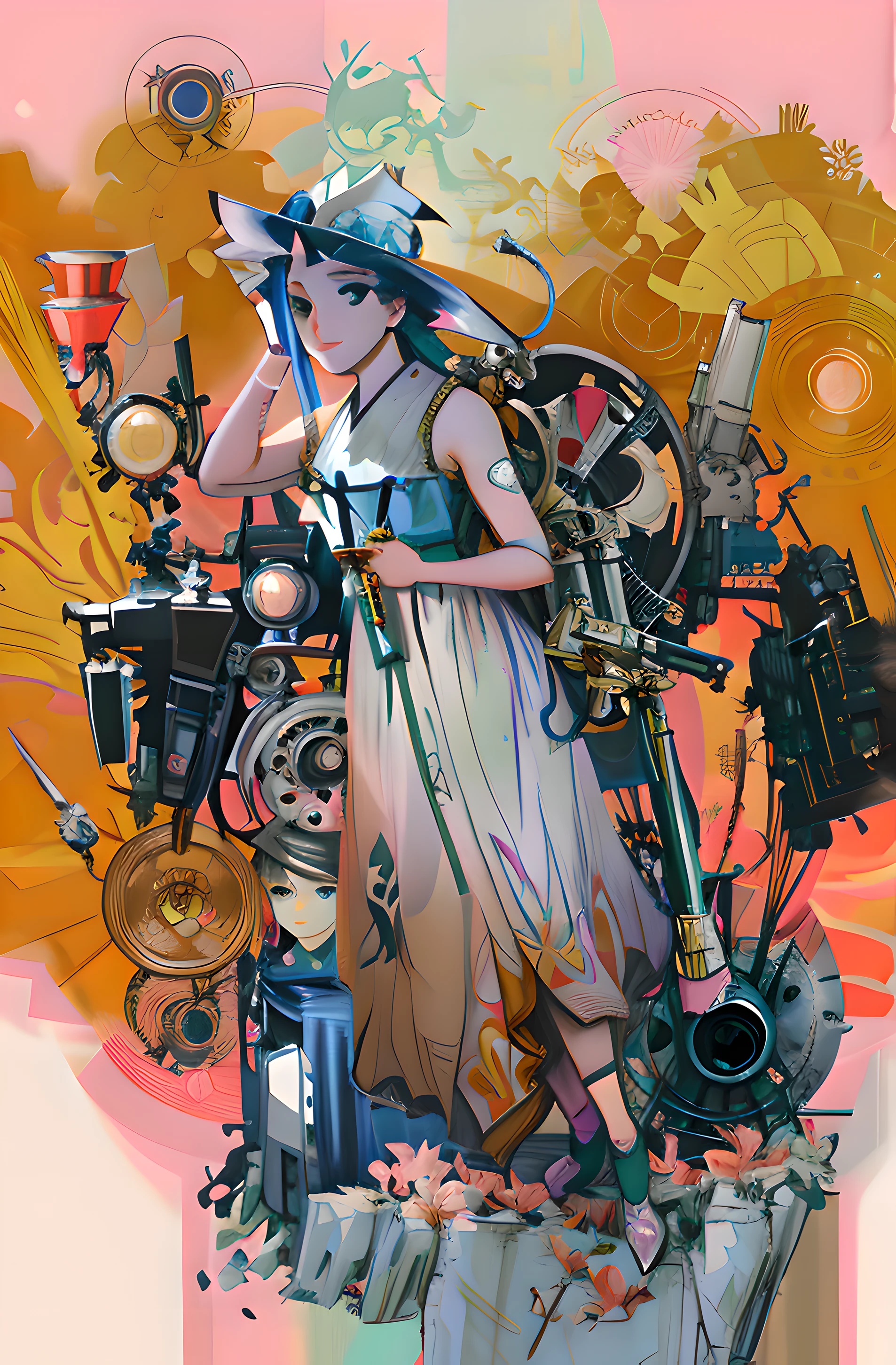 Anime - Style painting of a woman in a hat and a gun, Alphonse mucha and rossdraws, by amano, mechanized witch girl, beeple and alphonse mucha, style of yoshitaka amano, inspired by Dustin Nguyen, mechanical angel, Anime style mixed with Fujifilm, posuka demizu, Guviz-style artwork
