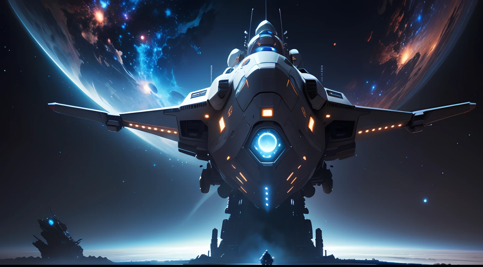 Cosmic technology，Space battleship，game scenes，heavenly body，CG sense，unreal engine rendered，Colored metallic texture，spectacular，future-tech，Ultra-wide format --auto