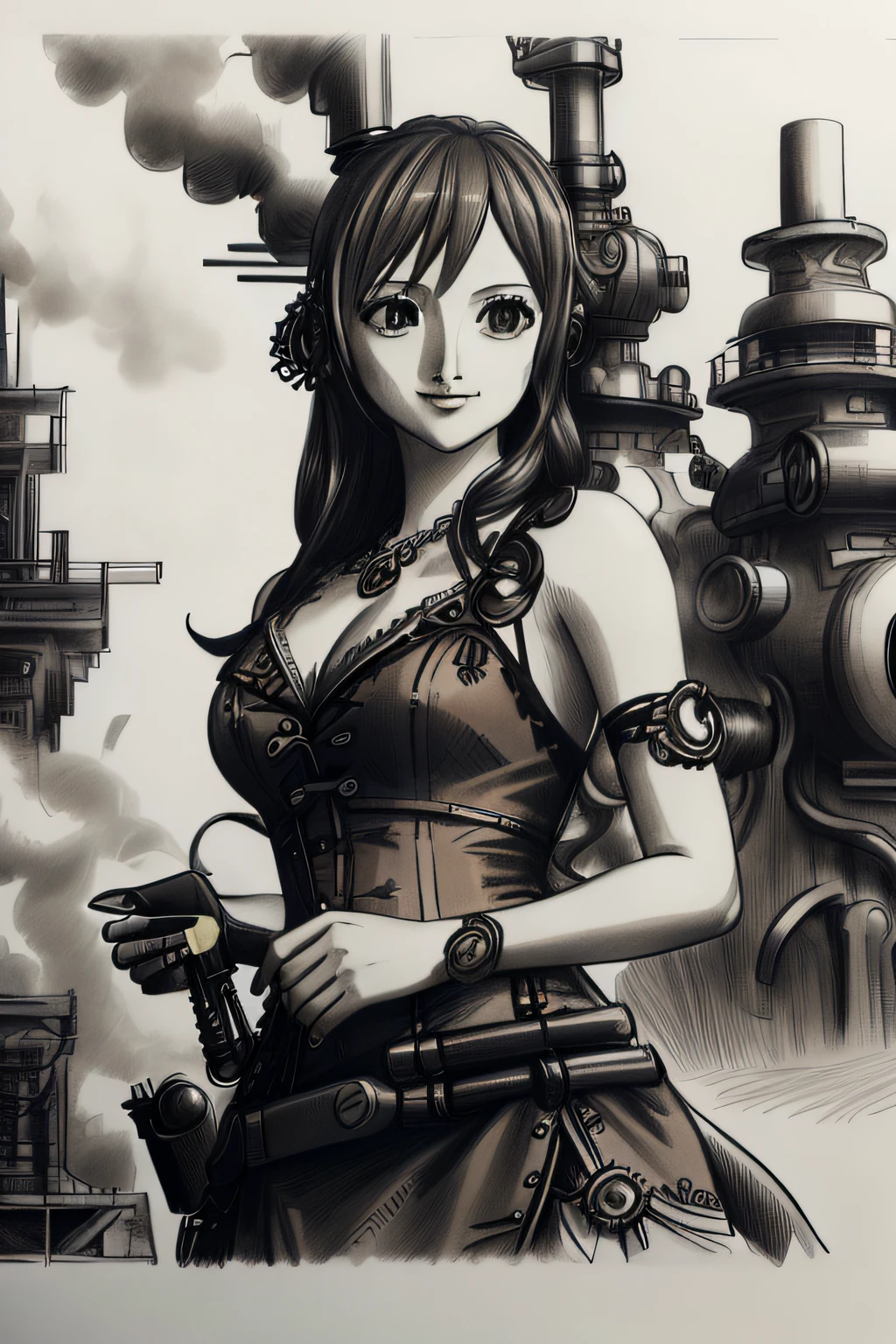 A mesmerizing greyscale pencil drawing capturing the alluring Nami from the anime series One Piece, depicted in a detailed portrait that extends till her torso. Nami is portrayed wearing an enchanting steampunk-inspired dress, adorned with intricate gears, chains, and ornate lace that accentuate her beauty and grace. The sketch showcases the meticulous details of her dress, the flowing folds, and the delicate shading that brings depth to her form. The drawing is rendered in 4K HDR, allowing for stunning visual clarity and contrast, enhancing the richness of the greyscale tones. The background is kept minimal to accentuate Nami's captivating presence and the intricate steampunk aesthetics of her attire. Style: Detailed pencil drawing with a focus on precise linework, shading, and texture, capturing the essence of Nami's steampunk dress. Execution: Created using high-quality pencils on fine-grained paper, employing various shading techniques to achieve a lifelike portrayal with rich details and textures. The drawing showcases Nami's beauty, strength, and steampunk-inspired elegance in a captivating greyscale pencil artwork. --ar 1:1 , CogPunkAI, wanostyle