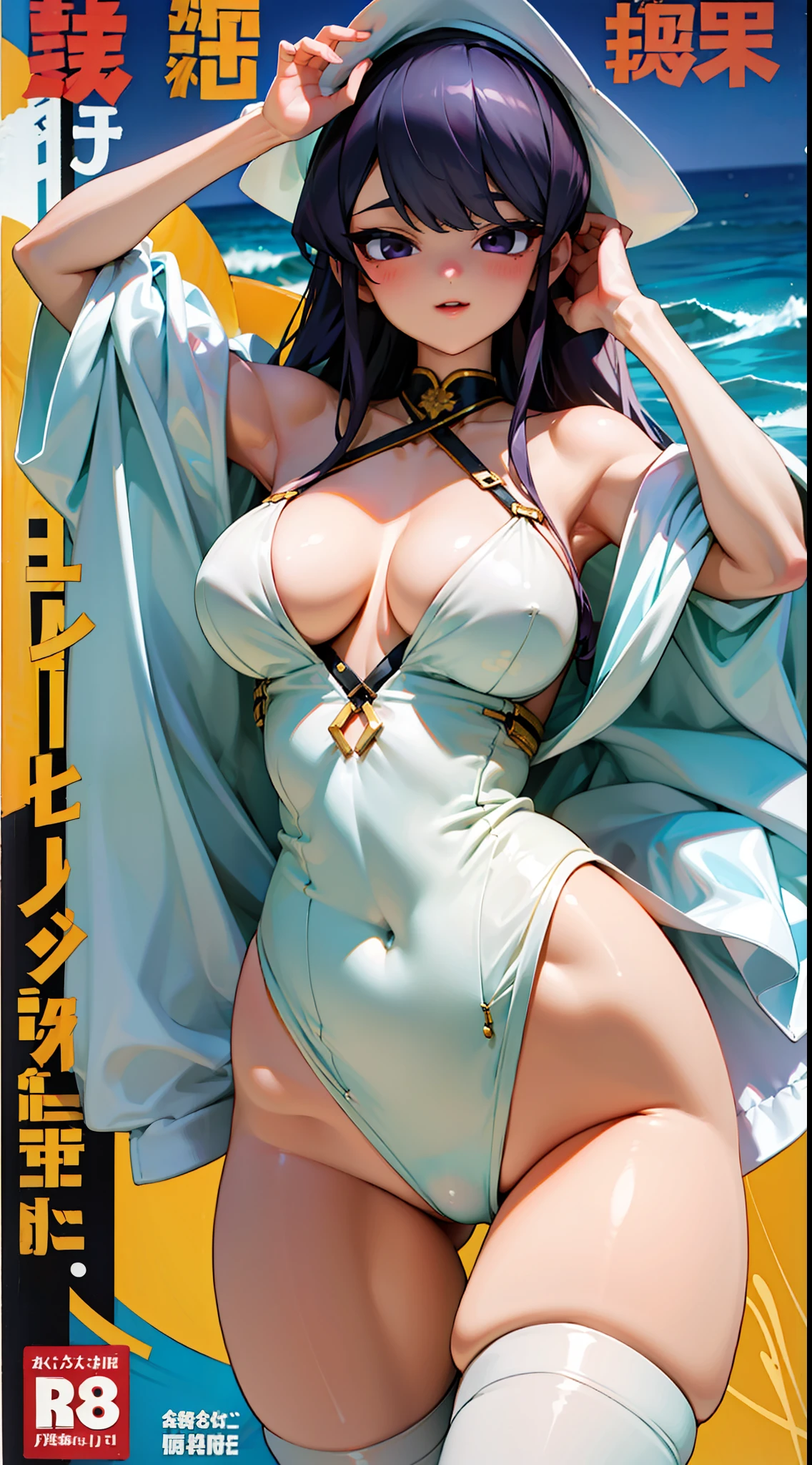 komi shouko,busty figure，take up close，Chest open，Exposing the abdomen，having fun，cropped shoulders，White shawl one-piece stockings，Exposing the abdomen，Fleshy thighs，The base of the thighs is soft，thick leg，Ocean park，Comic cover style，Comic title,tmasterpiece， High- sharpness， high high quality， 详细的脸， detailed body render