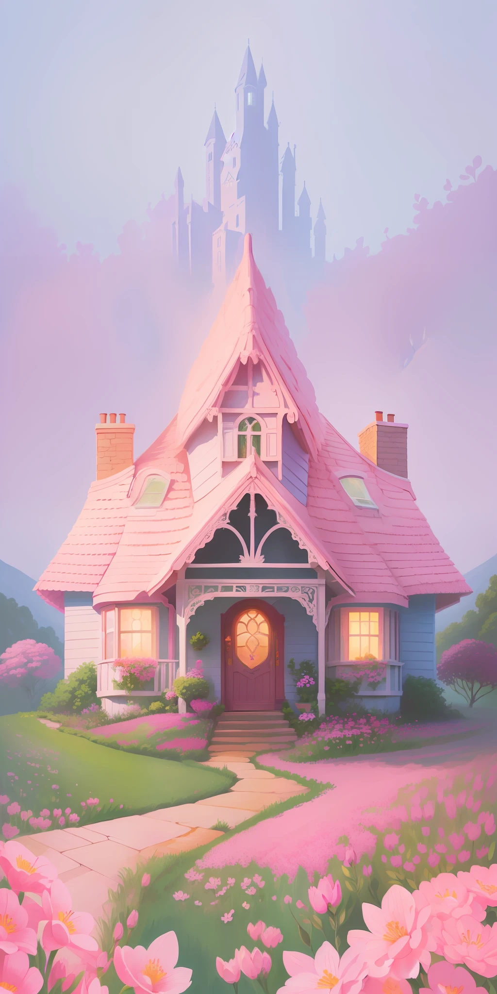 The house has a pink flower on it, Cute detailed digital art, A beautiful artwork illustration, Stylized digital illustration, Beautiful digital illustration, flowery cottage, Beautiful digital artwork, dreamlike illustration, Highly detailed illustration, full-colour illustration, in style of digital illustration, lovely digital painting, Exquisite digital illustration, whimsical fantasy landscape art, full color digital illustration