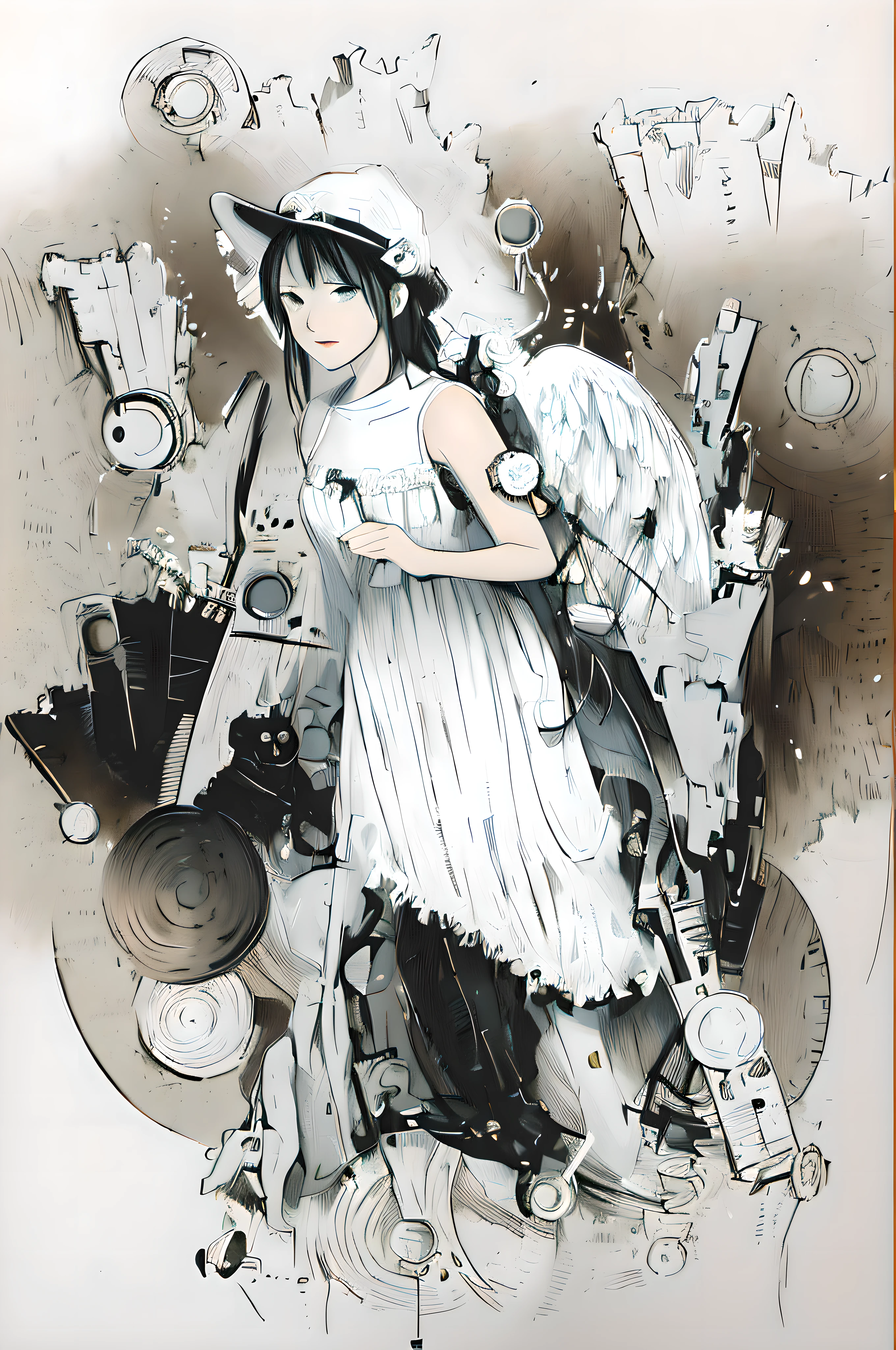 Aalfeld painted a woman with a clock and angel wings, steampunk angel, intricate manga drawing, black and white manga style, mechanical angel, pencil and ink manga drawing, pencil and ink manga, monochrome artwork!!, Anime fantasy illustration, artbook artwork, detailed manga style, inspired by Yumihiko Amano, Manga illustration, comic book art, high detailed official artwork