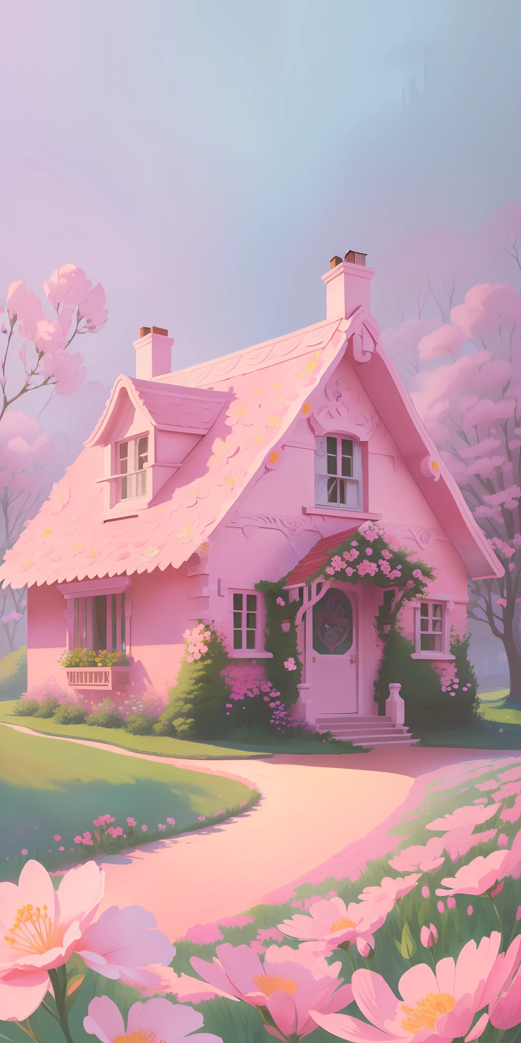 The house has a pink flower on it, Cute detailed digital art, A beautiful artwork illustration, Stylized digital illustration, Beautiful digital illustration, flowery cottage, Beautiful digital artwork, dreamlike illustration, Highly detailed illustration, full-colour illustration, in style of digital illustration, lovely digital painting, Exquisite digital illustration, whimsical fantasy landscape art, full color digital illustration