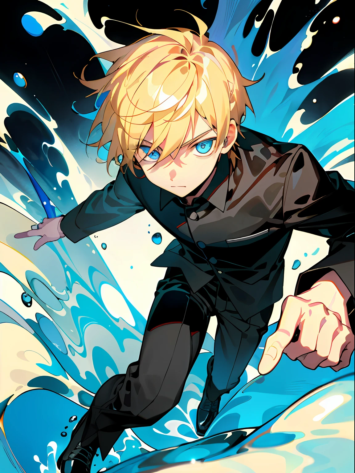 1boy, (masterpiece:1.2, best quality), (finely detailed eyes: 1.2), (detailed background,colorful water), (detailed face), high contrast, (best illumination), black tactile shoes, black_shirt, black_pants, black bulletproof tactical vest, blue eyes, blonde_hair