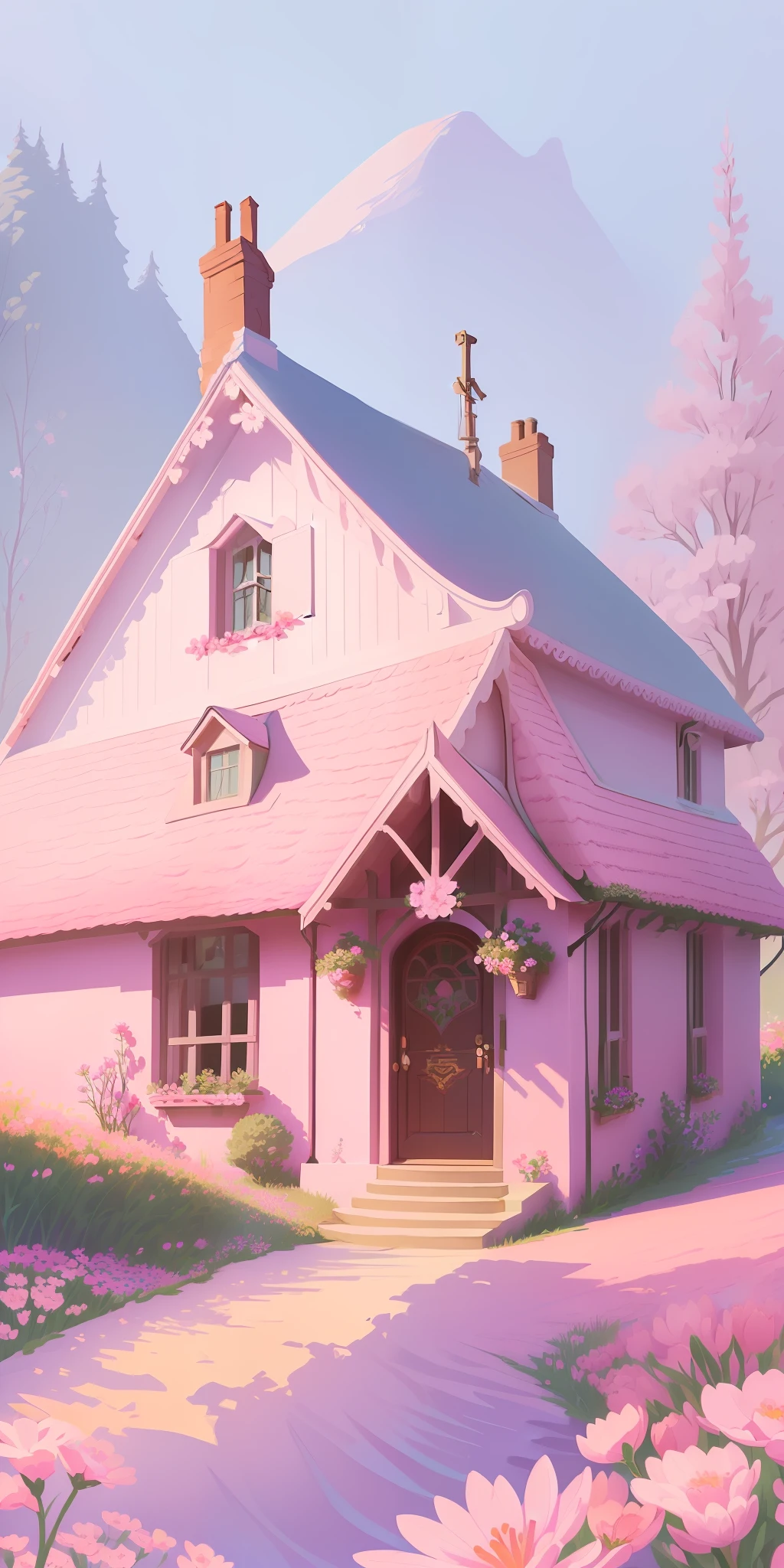 The house has a pink flower on it, Cute detailed digital art, A beautiful artwork illustration, Stylized digital illustration, Beautiful digital illustration, flowery cottage, Beautiful digital artwork, dreamlike illustration, Highly detailed illustration, full-colour illustration, in style of digital illustration, lovely digital painting, Exquisite digital illustration, whimsical fantasy landscape art, full color digital illustration