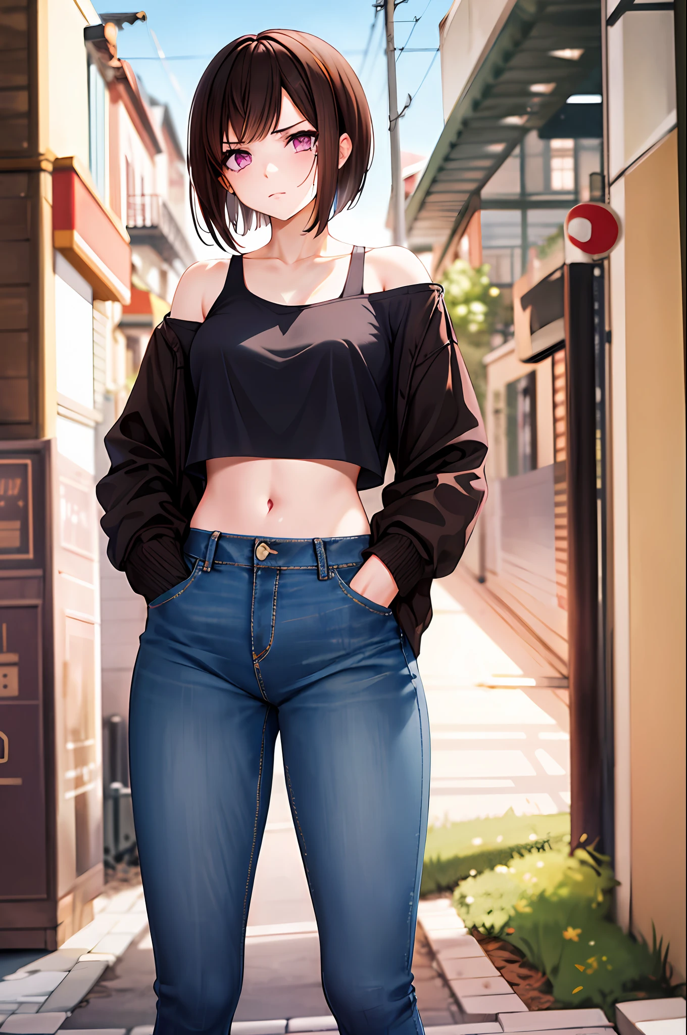 Masterpiece, Best quality, A high resolution, 1girll, Solo, Brown hair, Short hair, Purple eyes, Moles under eyes, Cowboy shot, Crop top, cropped shoulders, Jeans, Hands in pockets, street,angry look，Point ahead