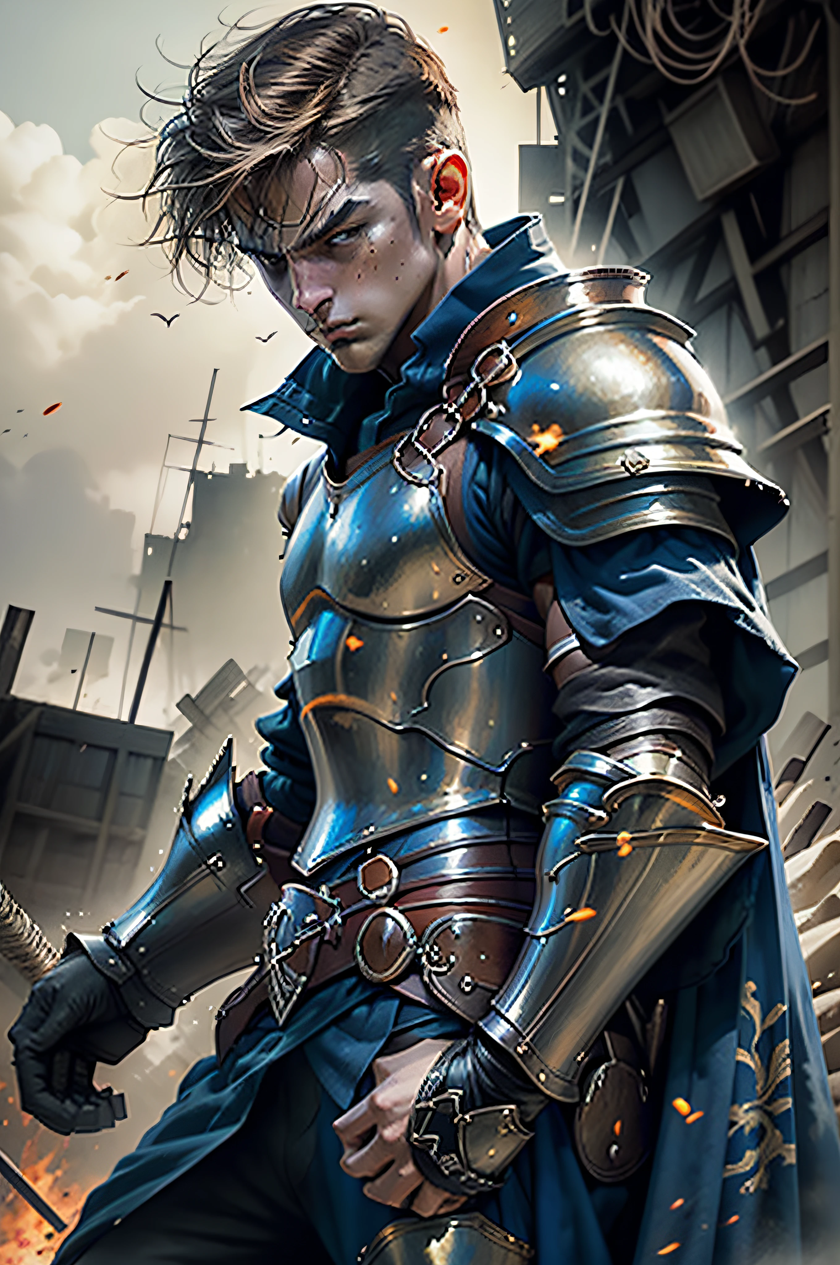 masterpiece, best quality, 1man, 22 year old, solo, (shirtless:1.3), warrior, holding armor, action dynamic, cowboy shot, battle field