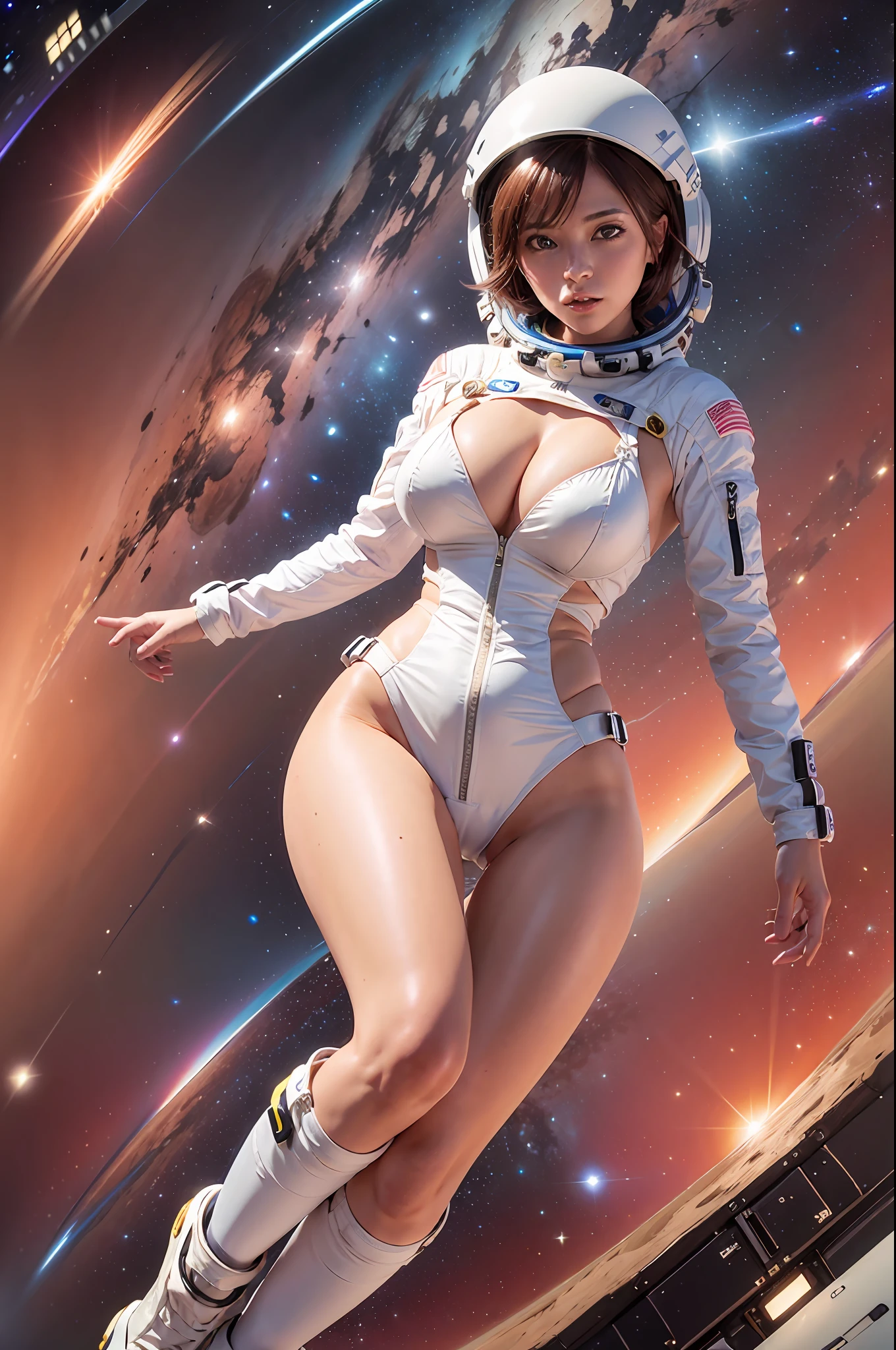 a woman wearing sexy astrosuit with helmet,
good hand,4k, high-res, masterpiece, best quality, head:1.3,((Hasselblad photography)), finely detailed suit, sharp focus, (cinematic lighting), collarbone, night, soft lighting, dynamic angle, [:(detailed face:1.2):0.2], medium breasts, cleavage,(((floating in a space background:1.25))),
