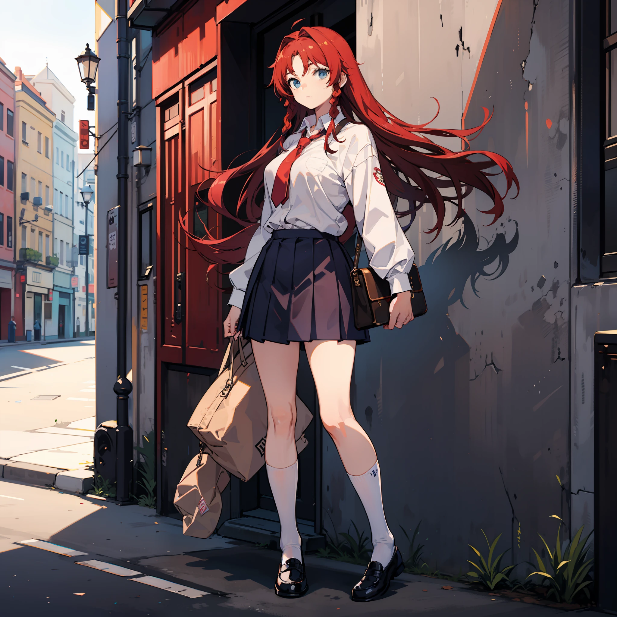 Depiction of a long-haired young woman with a briefcase, one girl, solo, Hong Meiling, school uniform, gohei, skirt, shoes, white school uniform, white polo shirt, blue tie, blue pleated skirt, socks, Mary Janes , School background, Alternate costume, Long sleeves, Rolled sleeves, Red hair, Whole body, Looking at viewer, Long hair, Big breasts