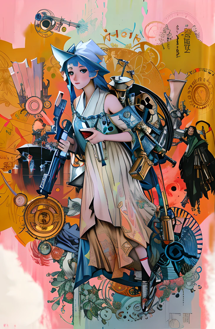 Anime - Style painting of a woman in a hat and a gun, Alphonse mucha and rossdraws, by amano, mechanized witch girl, beeple and alphonse mucha, style of yoshitaka amano, inspired by Dustin Nguyen, mechanical angel, Anime style mixed with Fujifilm, posuka demizu, Guviz-style artwork