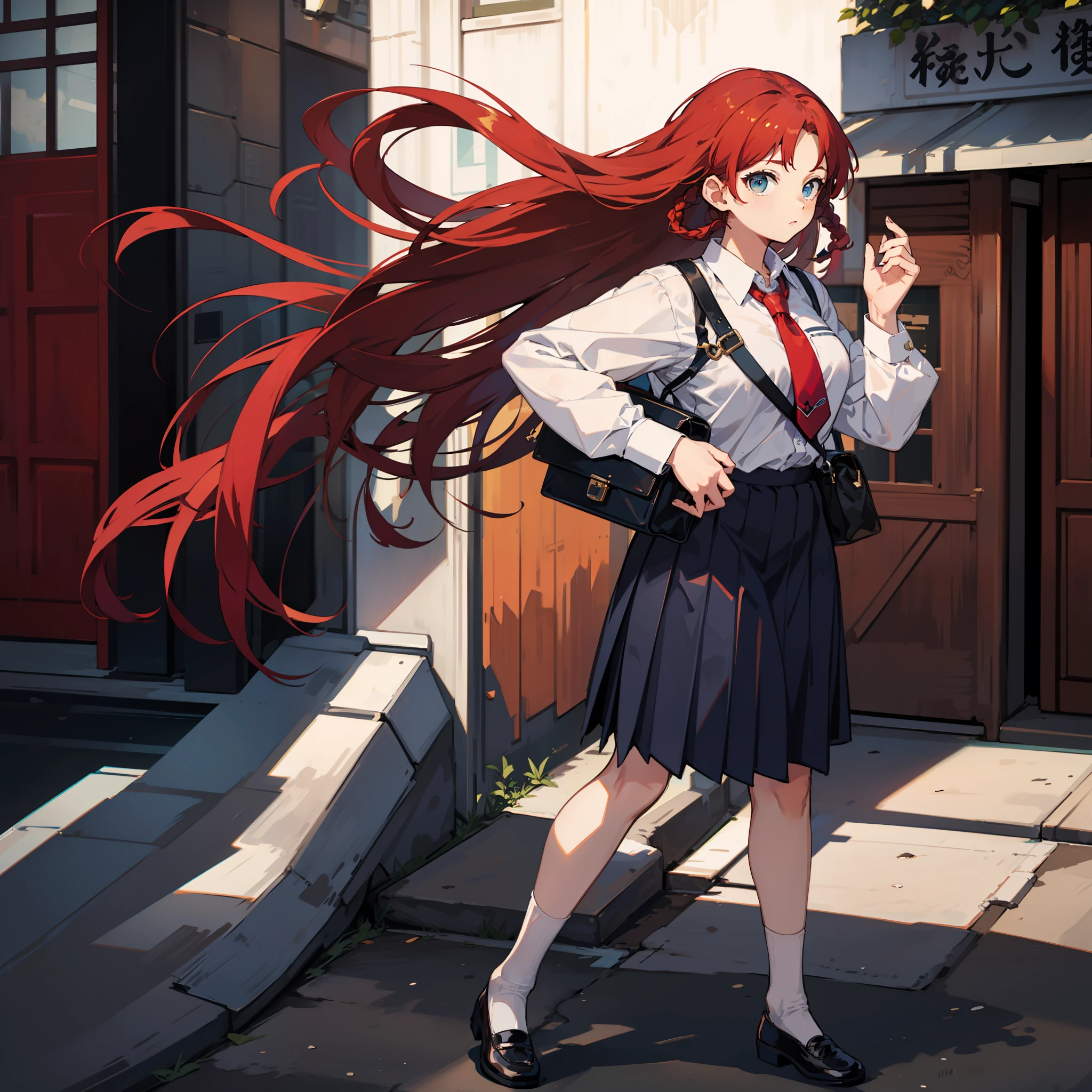 Depiction of a long-haired young woman with a briefcase, one girl, solo, Hong Meiling, school uniform, gohei, skirt, shoes, white school uniform, white polo shirt, blue tie, blue pleated skirt, socks, Mary Janes , School background, Alternate costume, Long sleeves, Rolled sleeves, Red hair, Whole body, Looking at viewer, Long hair, Big breasts