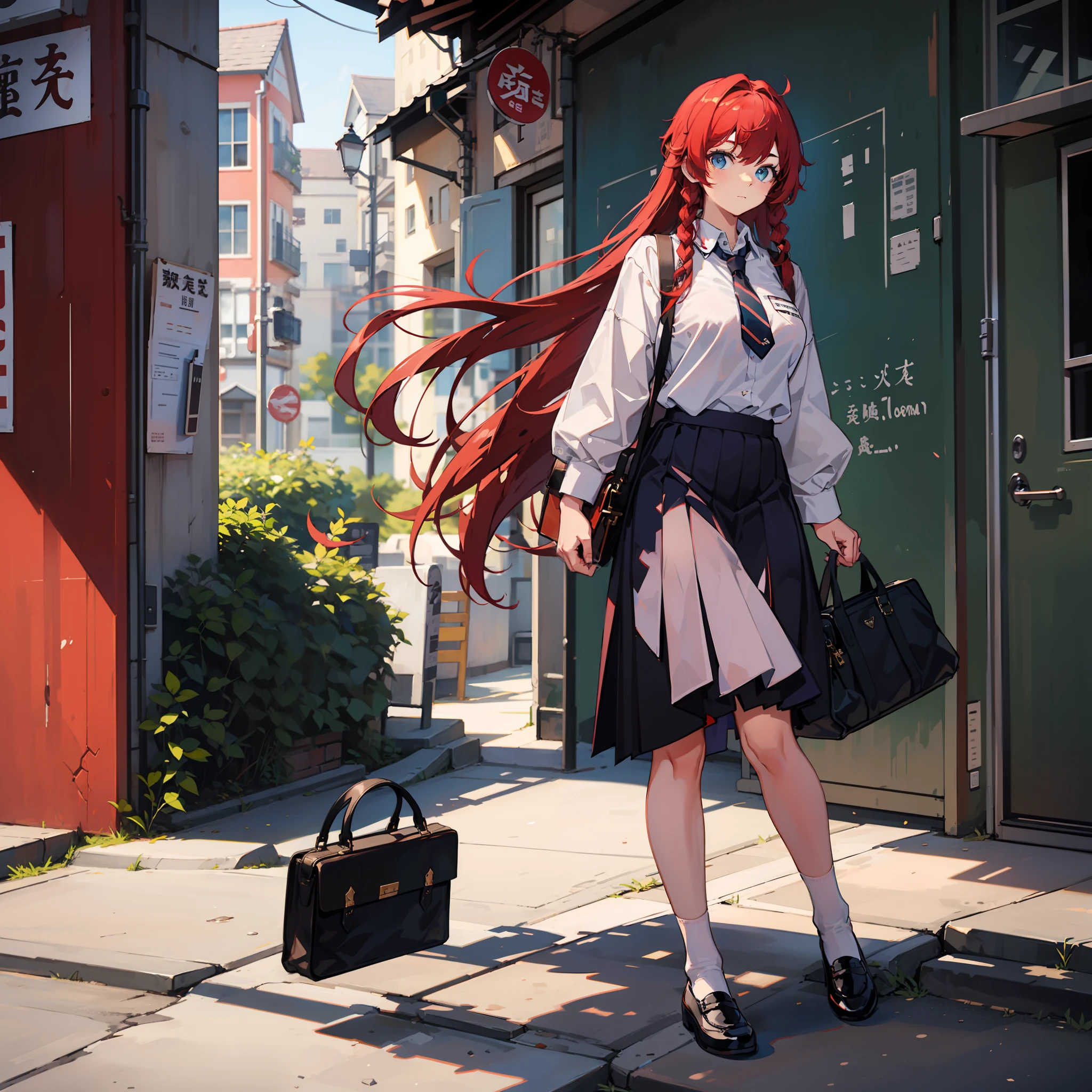 Depiction of a long-haired young woman with a briefcase, one girl, solo, Hong Meiling, school uniform, gohei, skirt, shoes, white school uniform, white polo shirt, blue tie, blue pleated skirt, socks, Mary Janes , School background, Alternate costume, Long sleeves, Rolled sleeves, Red hair, Whole body, Looking at viewer, Long hair, Big breasts