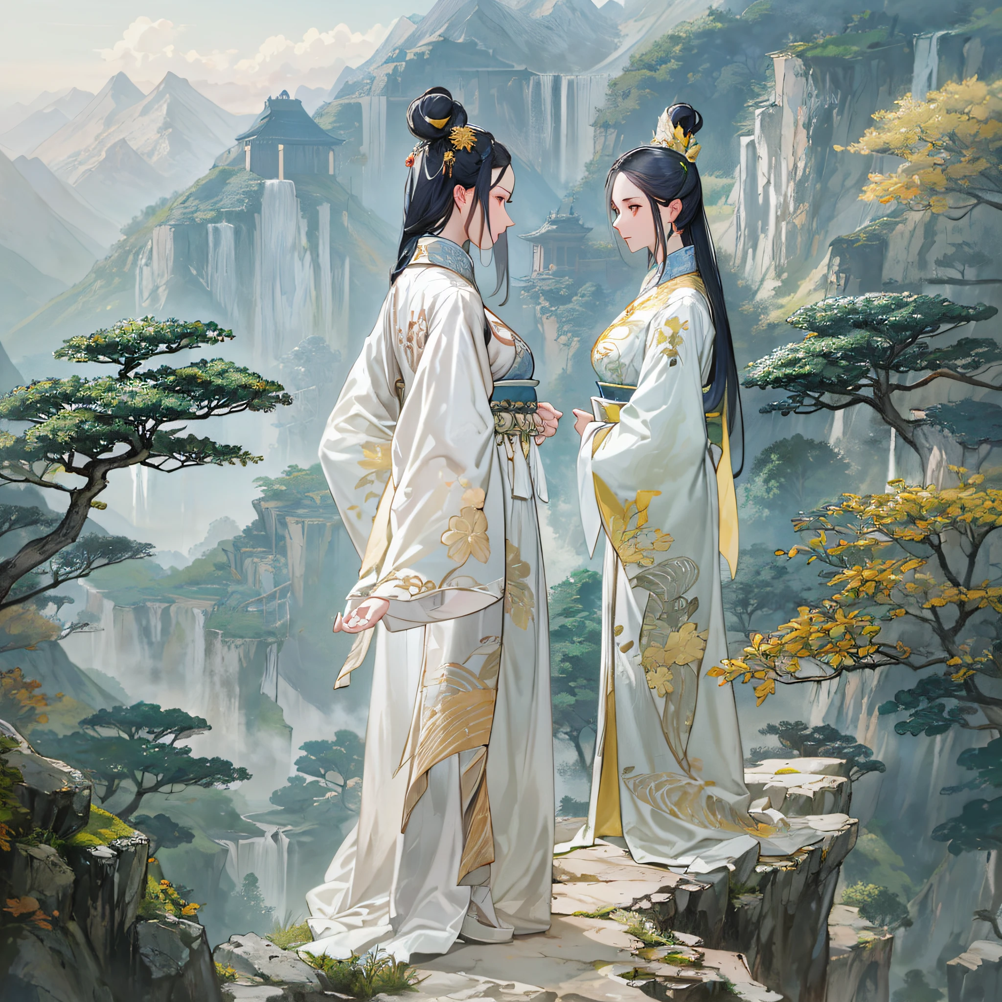 celestial gardens, Chinese style, Big view, The back of two white-clothed Chinese beauties standing on the edge of the cliff Immortal Mountain has a heavenly palace in the distance