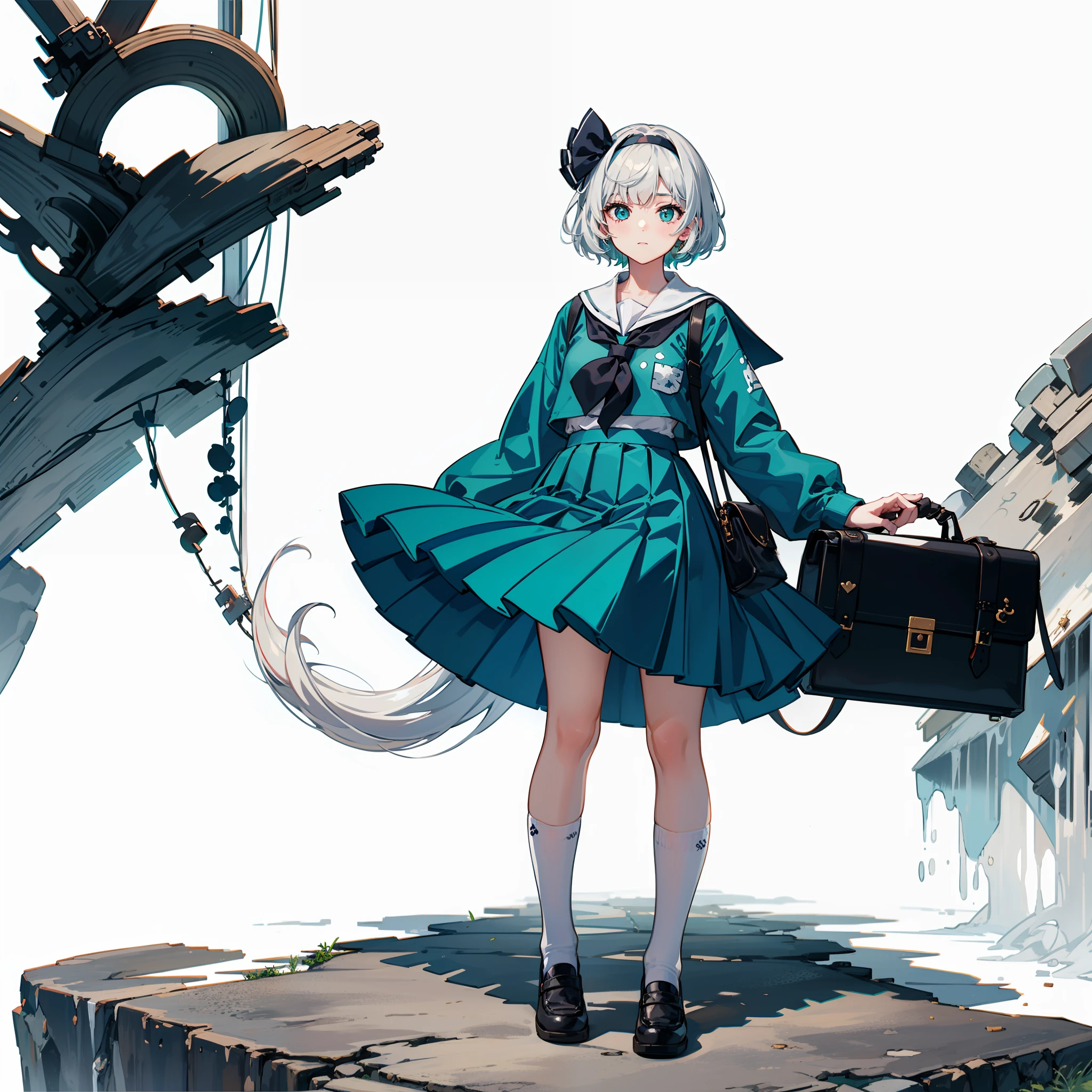 Description of a young woman with short hair holding a briefcase, 1 girl, solo, Youmu Konpaku, school uniform, Gohei, skirt, shoes, Serafuku, white sailor suit, socks, Mary Janes, school background, different costume, long sleeves, white hair , full body, looking at viewer, short hair