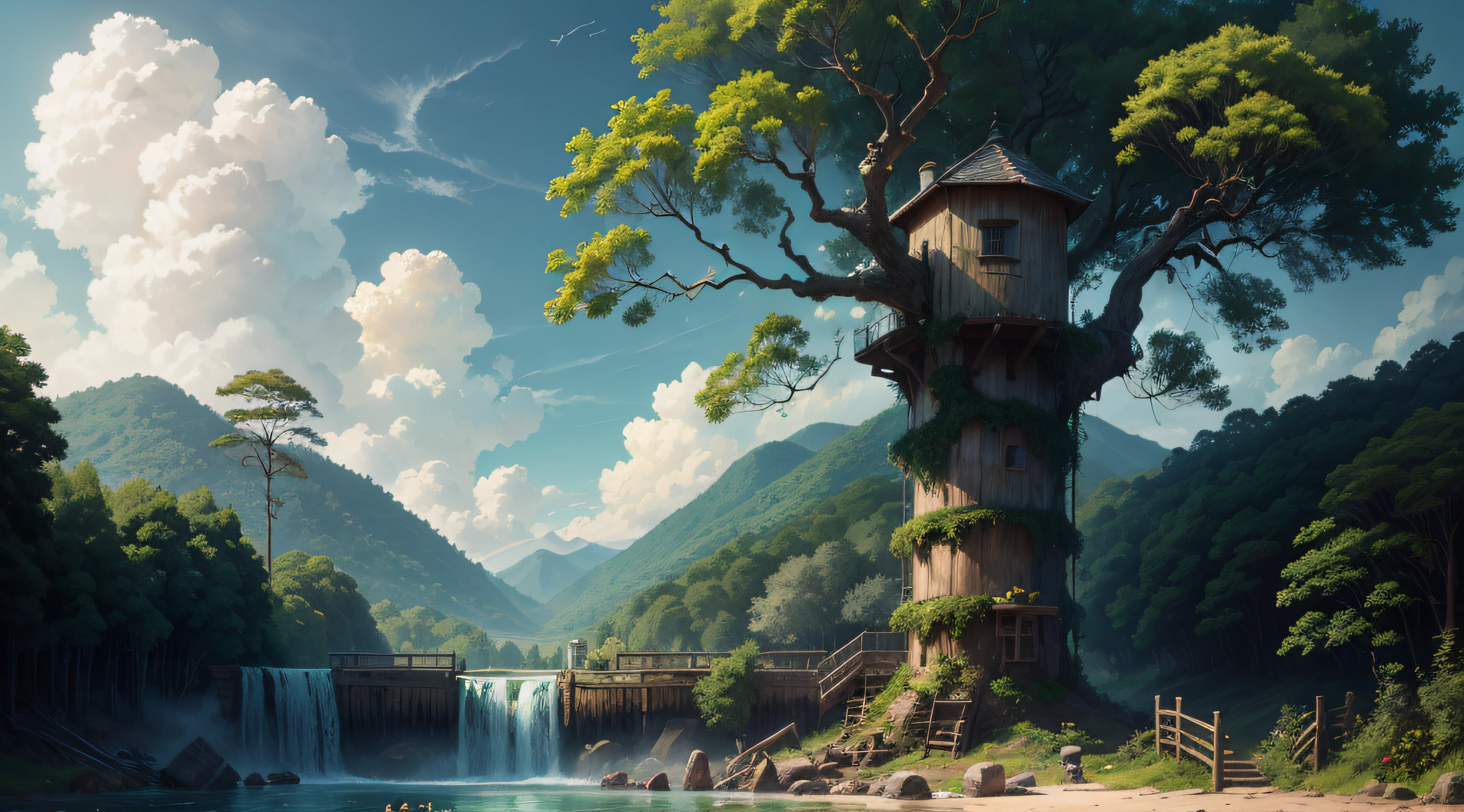 Gigantic colorful trees with many vines, palmeiras, coqueiro, fallen logs, a watermill with a waterwheel, moinho de vento, numa cachoeira exuberante, rio com grandes rochas hiper realista, sky with clouds, sol, lua, global ilumination, profundidade de campo,