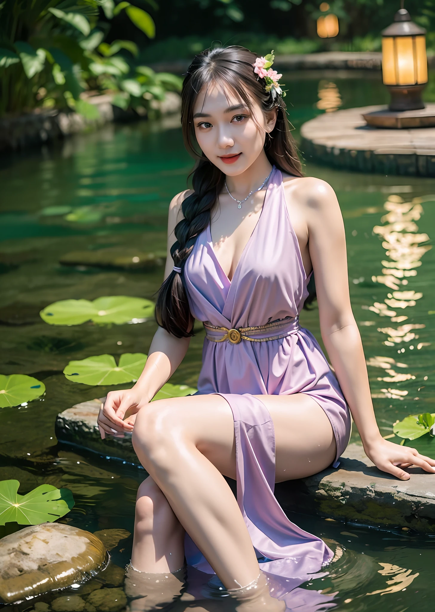 Sitting next to the lotus, red lanterns in two rows of the lake, feet playing in the water, art depicts a charming woman, smiling, 2 hands, 2 legs, delicate face, 2 braids, normal face, dressed in a flowing, silky traditional oriental dress, light purple, decorated with intricate patterns and bright colors. Her dress drapes elegantly over her curvy figure, accentuating her seductive silhouette. She sits gracefully by the tranquil lotus lake, her feet playing in the water, bathed in the soft glow of the moonlight. The scene exudes an ethereal and dreamy atmosphere, with a touch of mystery and sexiness. The graphic style blends watercolor and digital illustration techniques to evoke a refined beauty and charm. The lights are filled with soft moonlight, casting soft highlights and shadows on her charming features. Bare thighs, small breasts, three-dimensional facial features, sitting, upturned legs, 1 side braid, wet