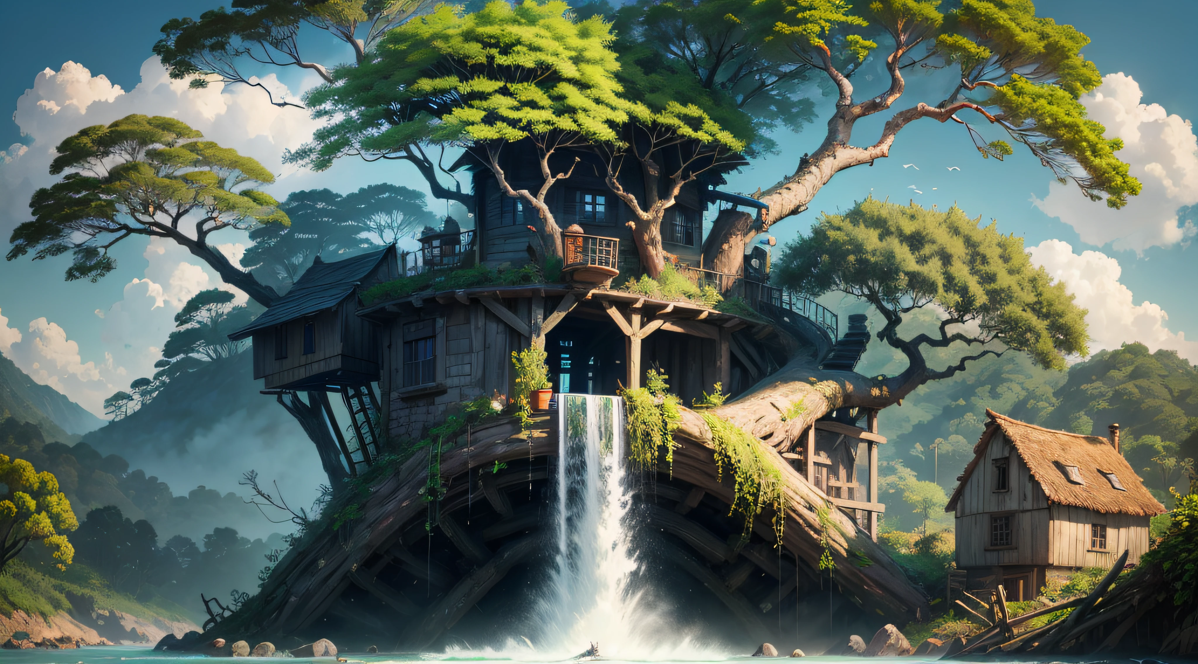 Gigantic colorful trees with many vines, palmeiras, coqueiro, fallen logs, a watermill with a waterwheel, moinho de vento, numa cachoeira exuberante, rio com grandes rochas hiper realista, sky with clouds, sol, lua, global ilumination, profundidade de campo,