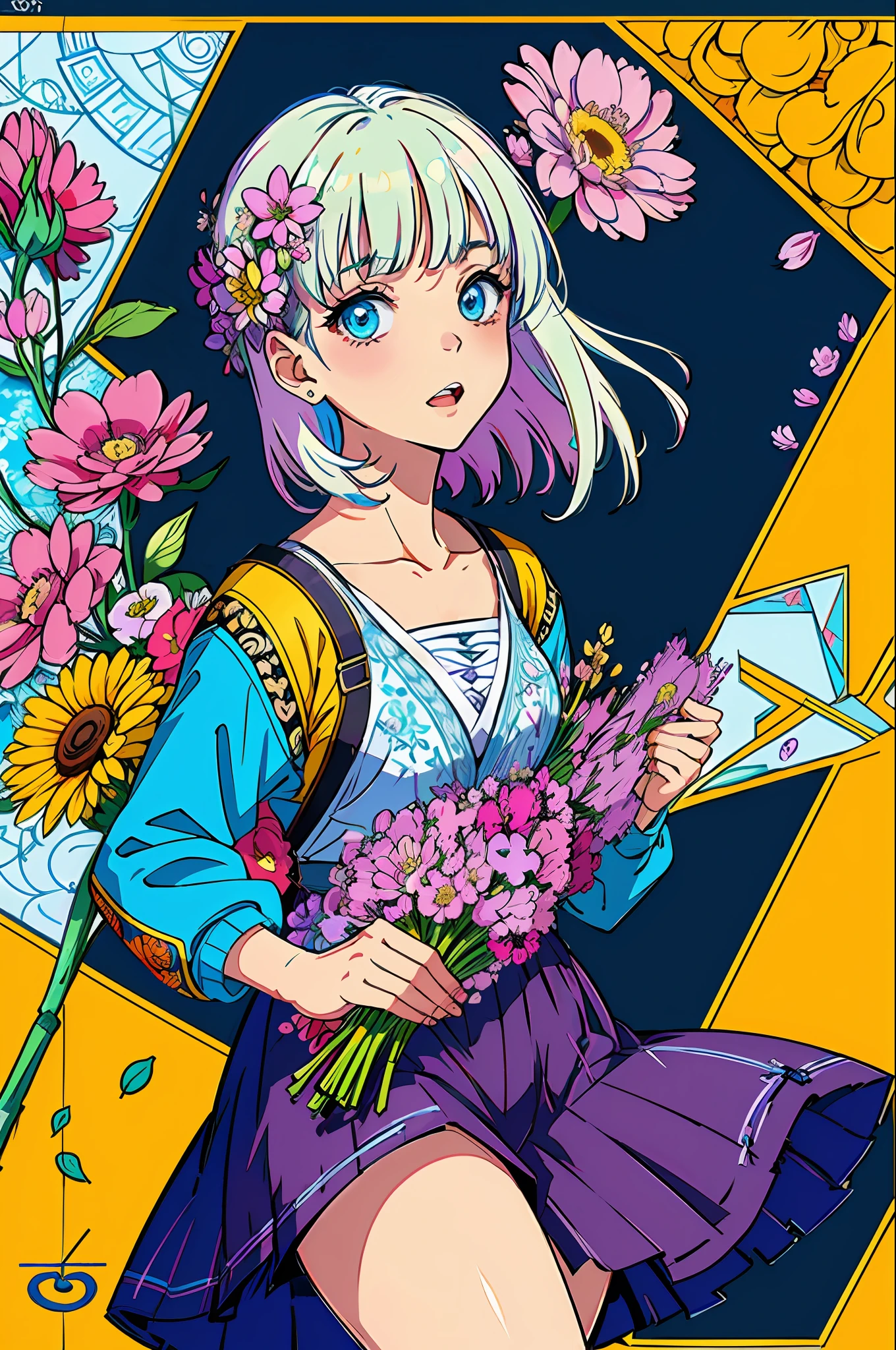 (ultra-detailed background, detailed background), absurdres, highres, ultra detailed, extremly detailed, 1girl, (bunch of flowers:1.3), (zentangle:1.2), (geometric:1.2),(colorful),