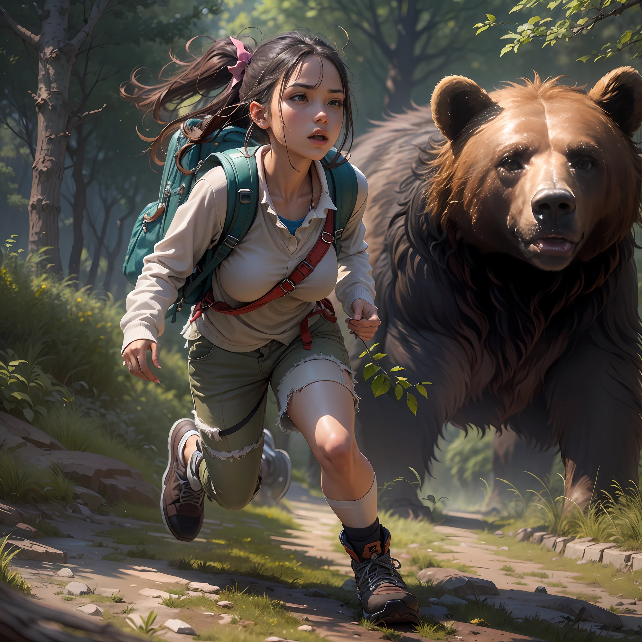 1 girl, Soaked white vest, Broken three-point pants, Hiking bags, [purpleish color|red colour]pony tails, embarrass, dreads, girl is running, A chest that conforms to the laws of physics, The brown bear roared, Tall shrubs, Shaded leaves, cinematic lighting, reflection light, dutch angle, UHD, masterpiece, anatomically correct, textured skin, super detail, high details, high quality, best quality, highres, 8k, 16k