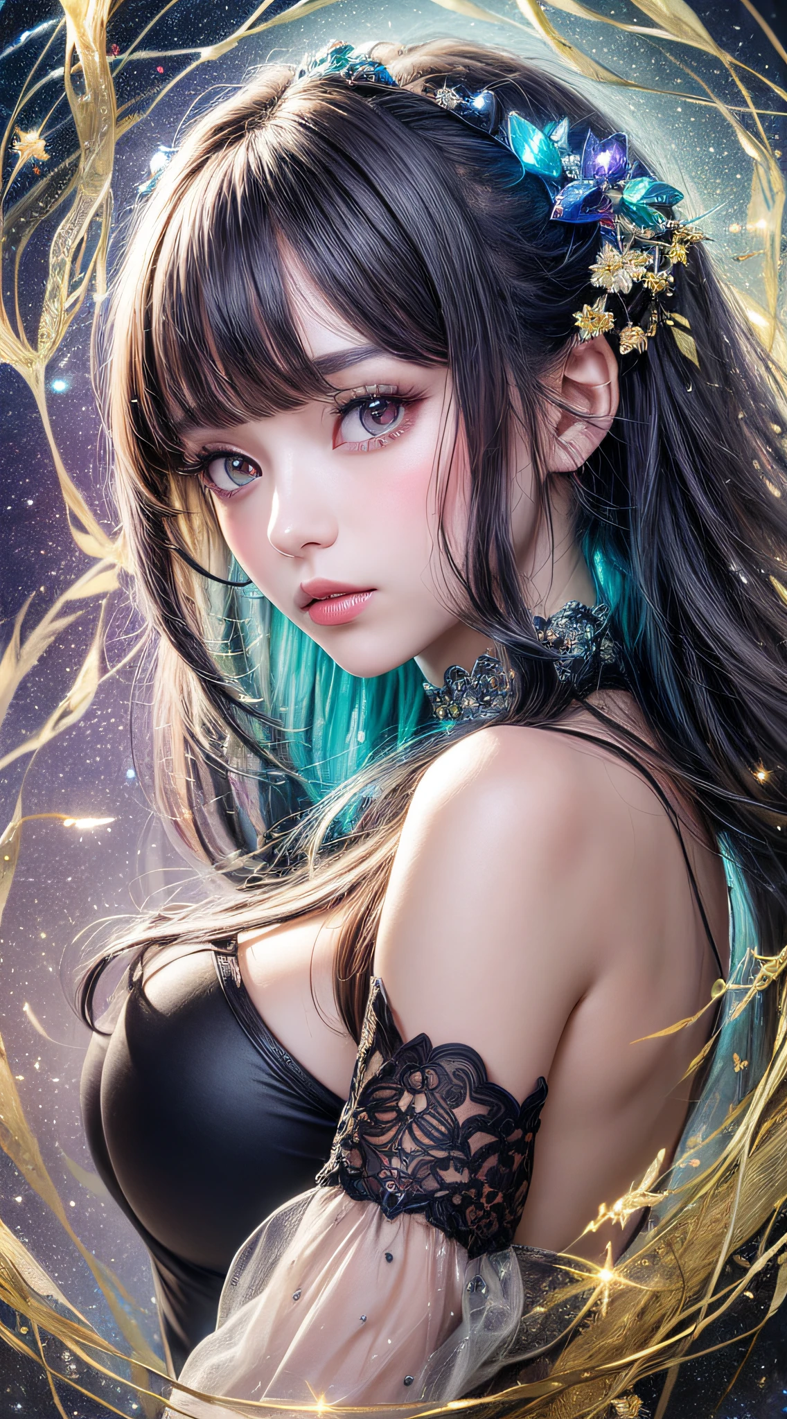 Beautiful girl story wrapped in love, Beautiful eye details, A captivating anime girl gracefully emerges from the pages of a watercolor painting, Her vivid and complex colors are, Bring your artwork to life, (see-through transparent clothes, transparent costume:1.5), She dons an extraordinary fantasy costume adorned with delicate details, reflecting the enchanting world she inhabits, Luminescent elements, like glowing crystals and ethereal wisps, surround her, casting a soft, otherworldly glow, The style of watercolor painting is、Imbues the image with a sense of fluidity and delicacy, as if the colors are effortlessly blending and bleeding into one another, Camera shot: medium shot, Soft Focus, luminescent glow Lighting, watercolor brushstrokes, Sophisticated and very delicate anime illustration, unique colors, Portrait of an anime girl, infinite love, rainbow-colored, beautiful girl illuminated by seven colors of light,