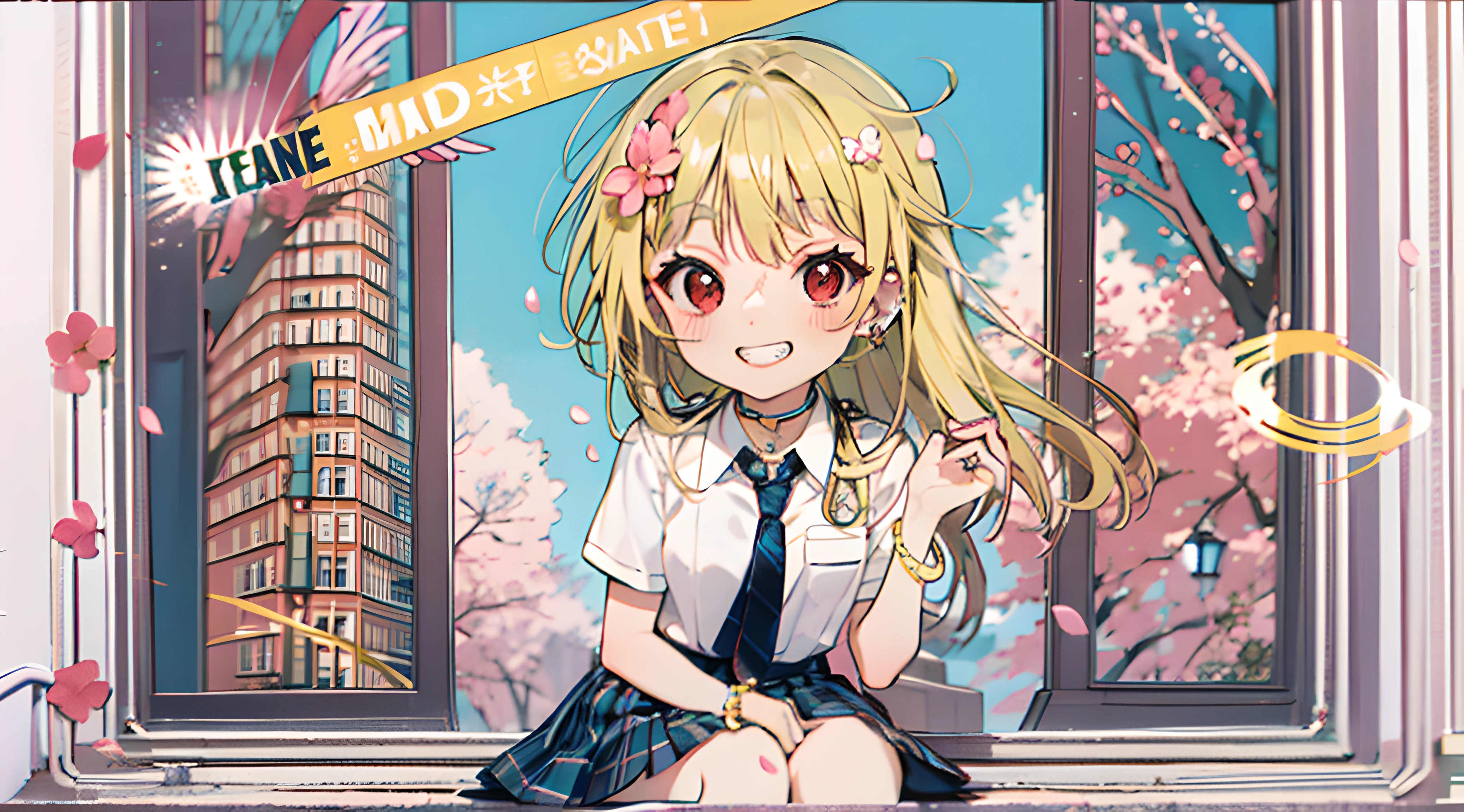 masterpiece, best quality, full body, 1girl, bangs, black choker, black necktie, blonde hair, blue skirt, blush, bracelet, breasts, choker, clothes around waist, collarbone, collared shirt, cowboy shot, dress shirt, ear piercing, eyebrows visible through hair, gradient hair, grin, gyaru, jewelry, kogal, long hair, looking at viewer, loose necktie, necktie, piercing, plaid, plaid skirt, pleated skirt, red eyes, ring, school uniform, shirt, skirt, smile, solo, white shirt, street, sky, cherry blossoms, petals,illustration, (magazine:1.3), (cover-style:1.3), fashionable, woman, vibrant, outfit, posing, front, colorful, dynamic, background, elements, confident, expression, holding, statement, accessory, majestic, coiled, around, touch, scene, text, cover, bold, attention-grabbing, title, stylish, font, catchy, headline, larger, striking, modern, trendy, focus, fashion,