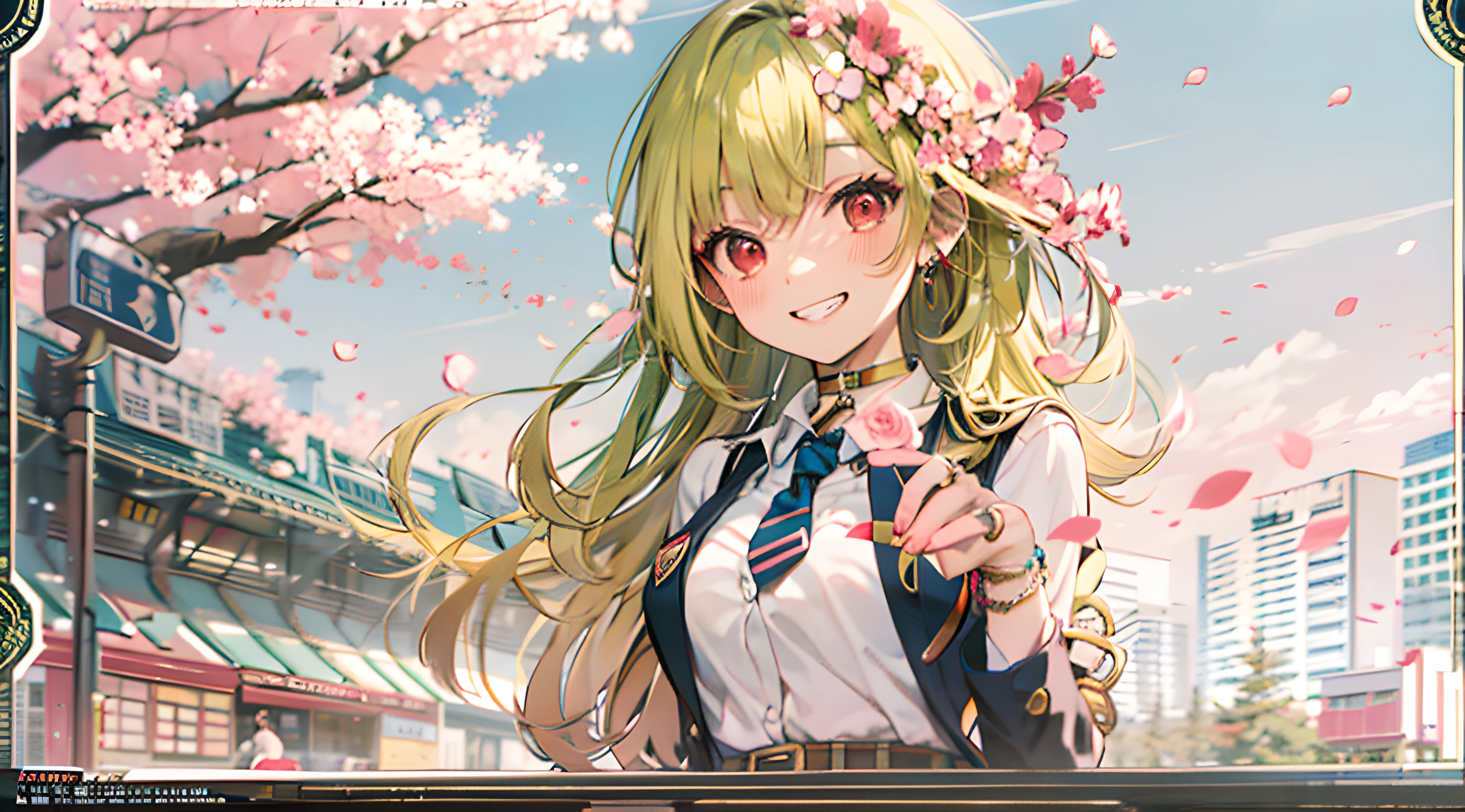 masterpiece, best quality, full body, 1girl, bangs, black choker, black necktie, blonde hair, blue skirt, blush, bracelet, breasts, choker, clothes around waist, collarbone, collared shirt, cowboy shot, dress shirt, ear piercing, eyebrows visible through hair, gradient hair, grin, gyaru, jewelry, kogal, long hair, looking at viewer, loose necktie, necktie, piercing, plaid, plaid skirt, pleated skirt, red eyes, ring, school uniform, shirt, skirt, smile, solo, white shirt, street, sky, cherry blossoms, petals,illustration, (magazine:1.3), (cover-style:1.3), fashionable, woman, vibrant, outfit, posing, front, colorful, dynamic, background, elements, confident, expression, holding, statement, accessory, majestic, coiled, around, touch, scene, text, cover, bold, attention-grabbing, title, stylish, font, catchy, headline, larger, striking, modern, trendy, focus, fashion,