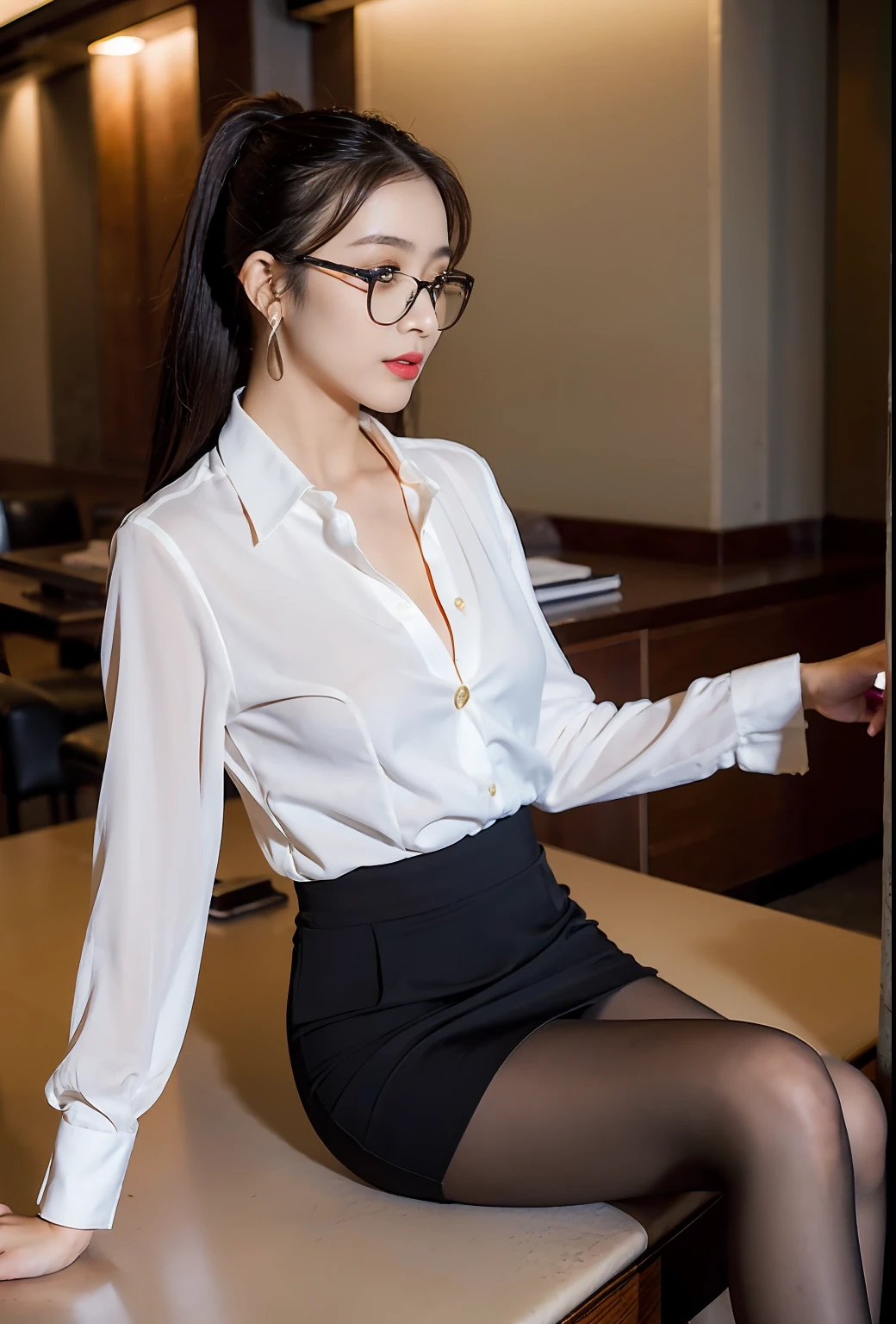 Exquisite, masterpiece, beautiful details, colorful, delicate details, delicate lips, intricate details, large breasts, black glasses with cool, 1 woman, (a beautiful 20-year-old cute Korean woman: 1.1), (kpop idol, Korean mixed), (50mm Sigma f/1.4 ZEISS lens, F1.4, 1/800s, ISO 100, photograpy:1.1), (ponytail + brunette 1.2), ( Photorealistic: 1.4), (SPY: 1.2), (Open Jacket, open buttons wet shirt, super short tight mini skirt, chocker, Black Pantyhose,Christian Louboutin\(Brand\),:1.3), Earrings, Necklaces, Armbands, (Tavern, Bar:1.2), (Beautiful Legs, High Girl, Skinny, slim_legs, thigh_gap, Model: 1.2 ), lens, flare from the front, (cool expression), dynamic pose, (makeup: 1.2), (siting in front of boss luxury office desk)), full body shot