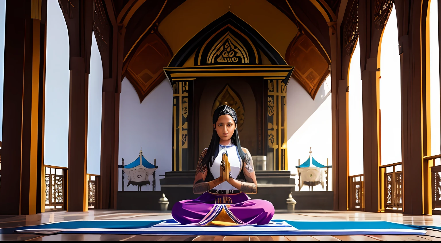 mujer sacerdotisa tantrica joven con tatuajes en su cuerpo meditando en taparrabo en un templo foto realista --auto