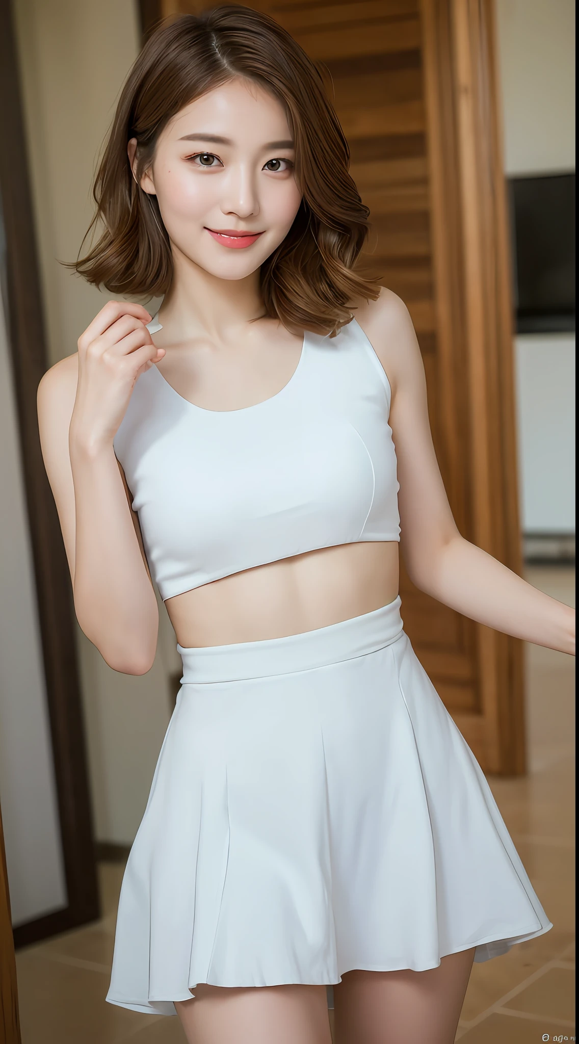 ((Best Quality, 8K, Masterpiece: 1.3)), 1 Girl, Slim Abs Beauty: 1.3, (Hairstyle Brown Hair Shortcut, Big: 1.2), Dress: 1.1, Super Slender Face, Delicate Eyes, Double Eyelids, Smile, Home, Raw Photo
