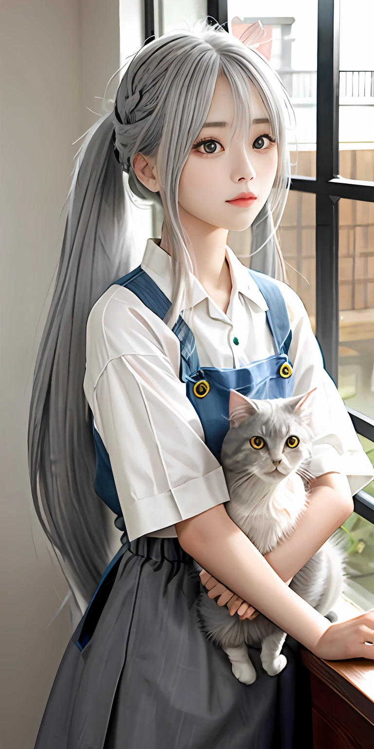 momo girl,Long gray hair,Cats,horse tailed。