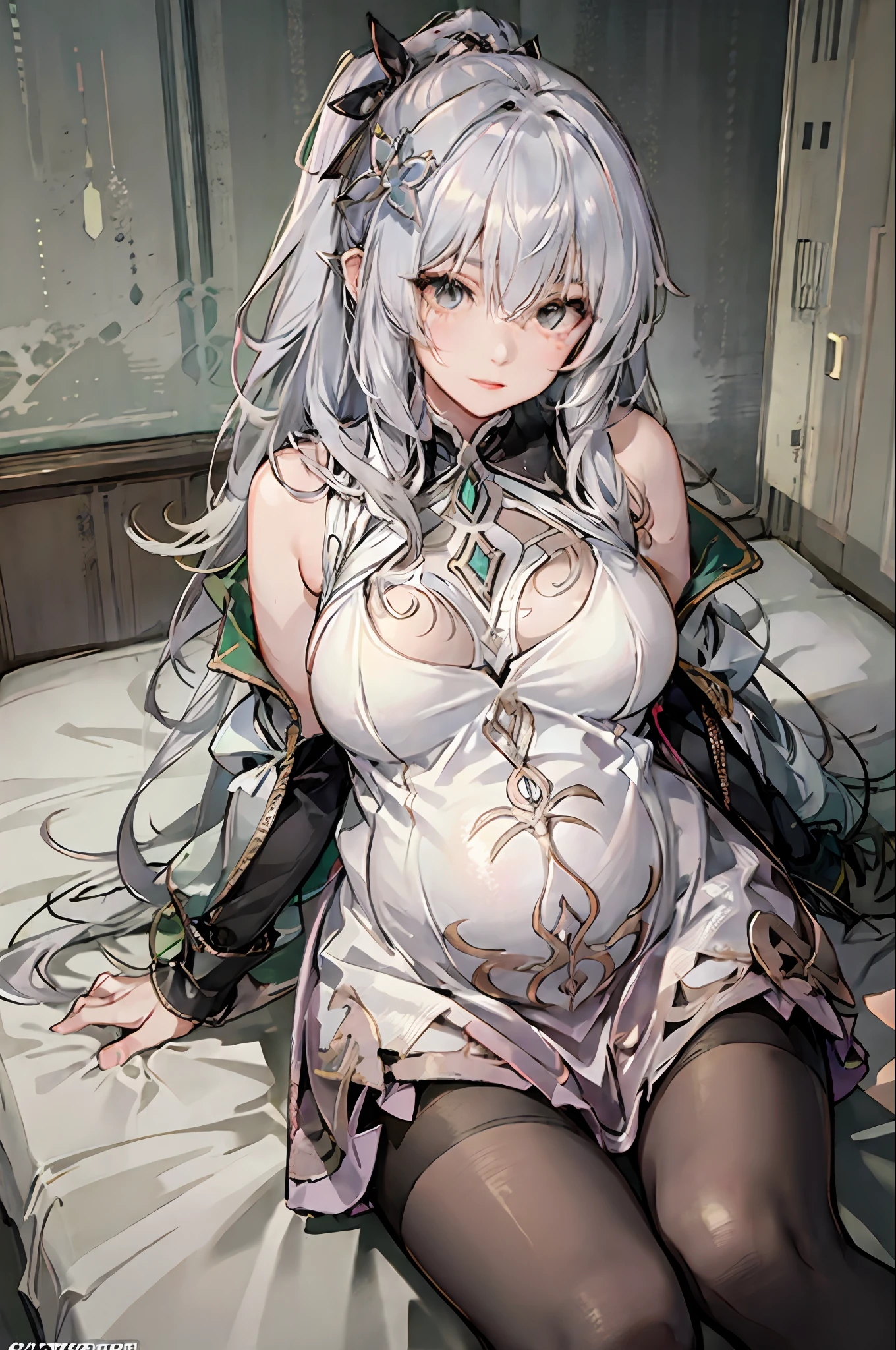 （（（1个Giant Breast Girl）），Ray traching，（dim murky lights），[detailedbackground（Bedrooms）），（（Silvery hair）），（（A pink-haired）），（（（（（Fluffy silver hair，plump and slender girl））Wears a high ponytail）））Avoid golden eyes in the ominous bedroom（（（（Girl wears white shirt，Black wrinkled skirt，Wear yours with black sheer pantyhose），It shows a delicate and slender figure and beautiful curves，Correct limbs，sit on a bed，Pregnant belly，Pregnant belly，Pregnant women with