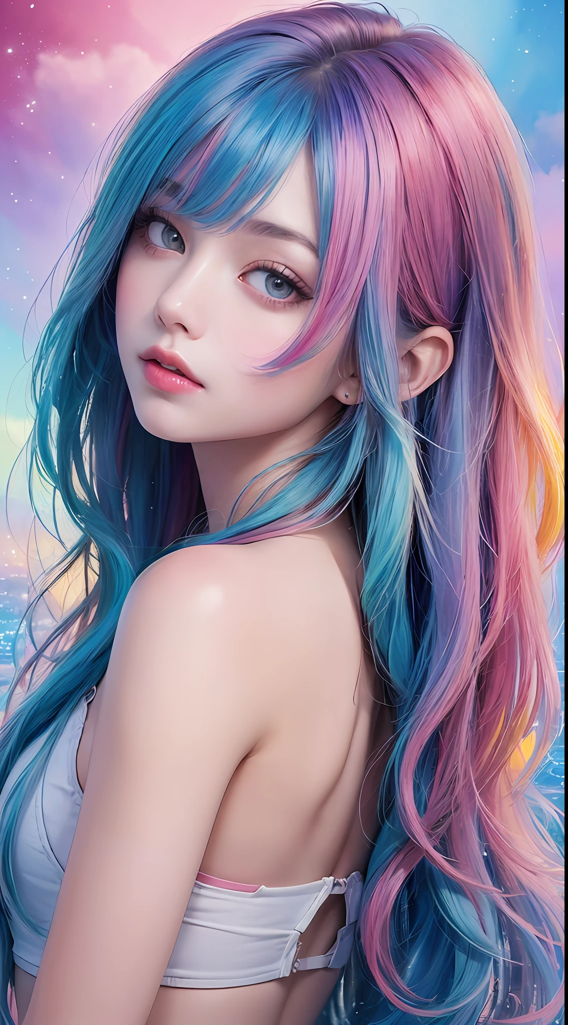 (masterpiece, top quality, best quality,watercolor (medium),official art, beautiful and aesthetic:1.2),(1girl:1.3), (fractal art:1.3),upper body, from side, looking at viewer,patterns,(rainbow color Hair,colorful hair,half blue and half pink hair:1.2),water,liquid, cloud,colorful, starry,stars,